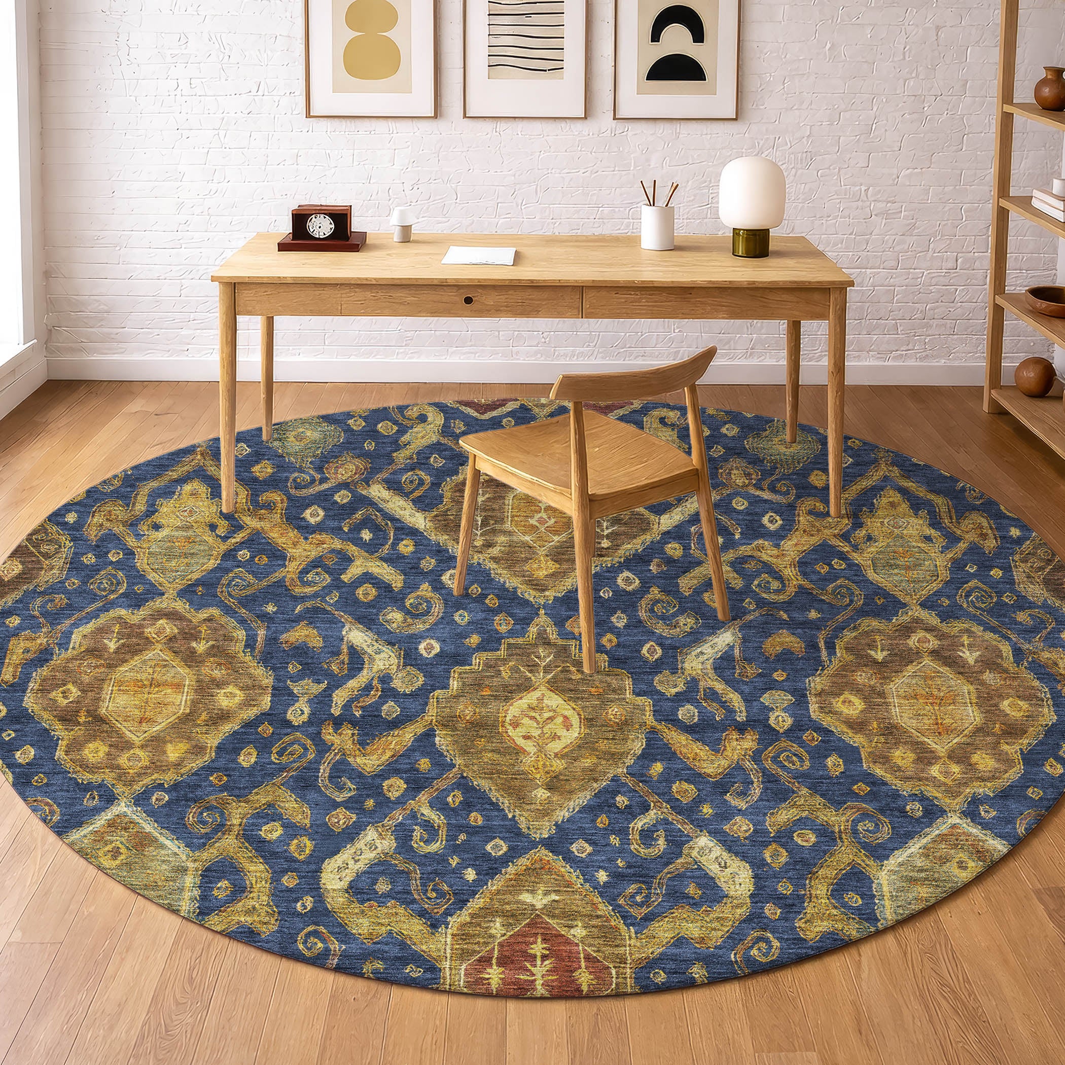 Salzburg Machine Washable Traditional Navy Blue Rug 8' x 8' #shape_Round