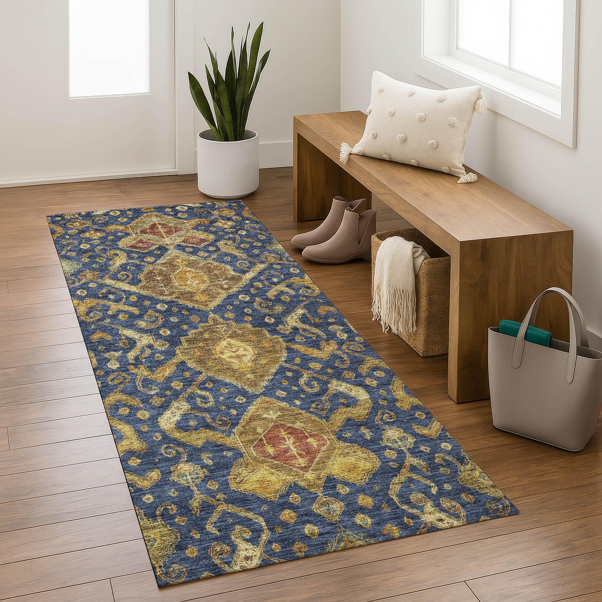 Salzburg Machine Washable Traditional Navy Blue Rug 2'3" x 7'6" #shape_Runner