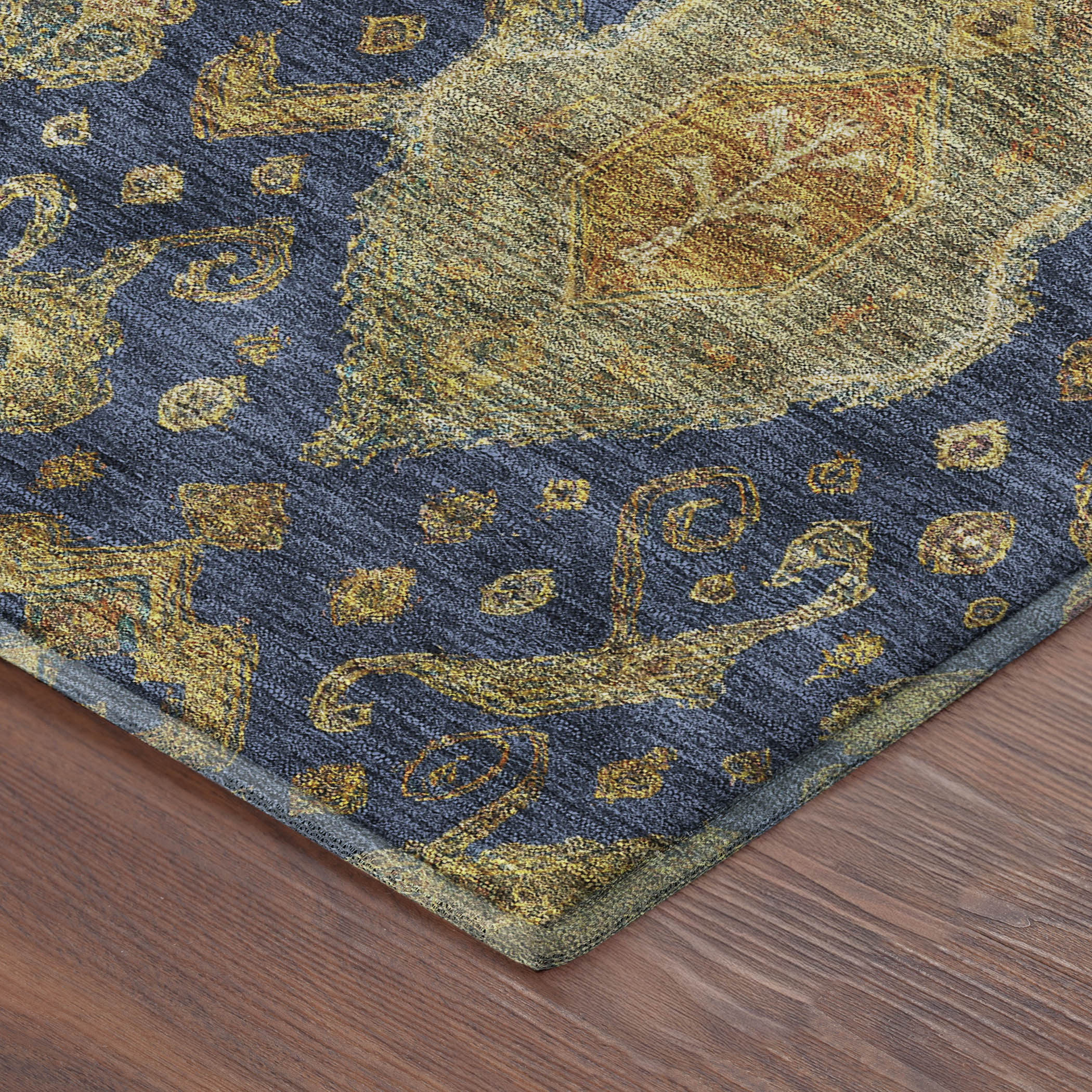 Salzburg Machine Washable Traditional Navy Blue Rug 1'8" x 2'6" #shape_Rectangle