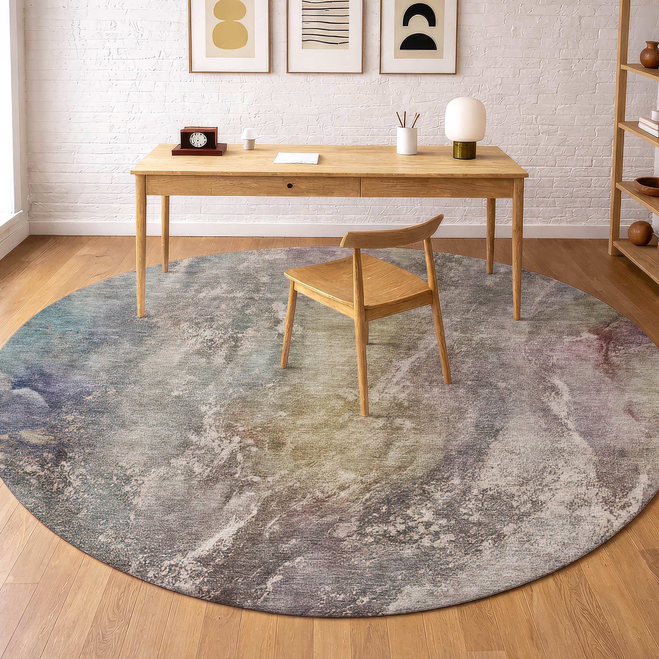 Sintra Machine Washable Transitional Beige Brown Rug 8' x 8' #shape_Round