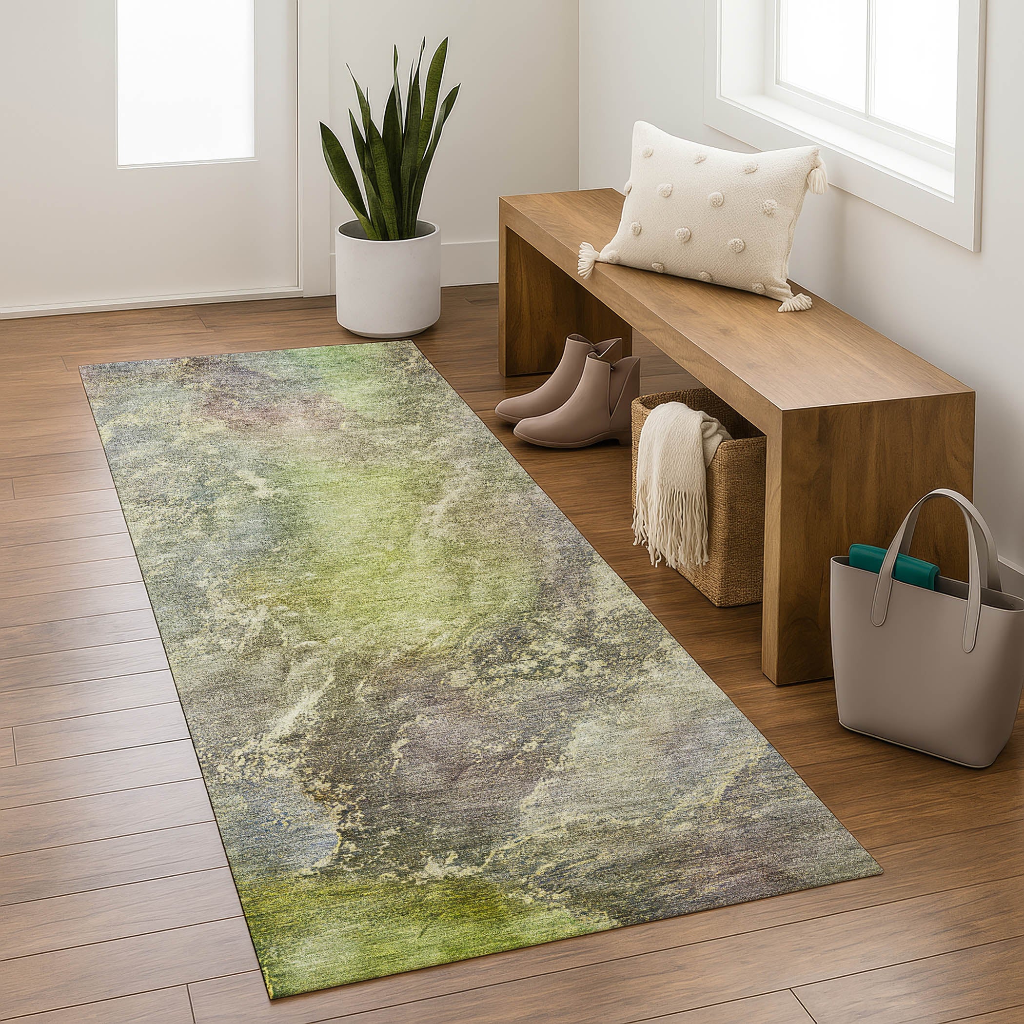 Sintra Machine Washable Transitional Green Rug 2'3" x 7'6" #shape_Runner