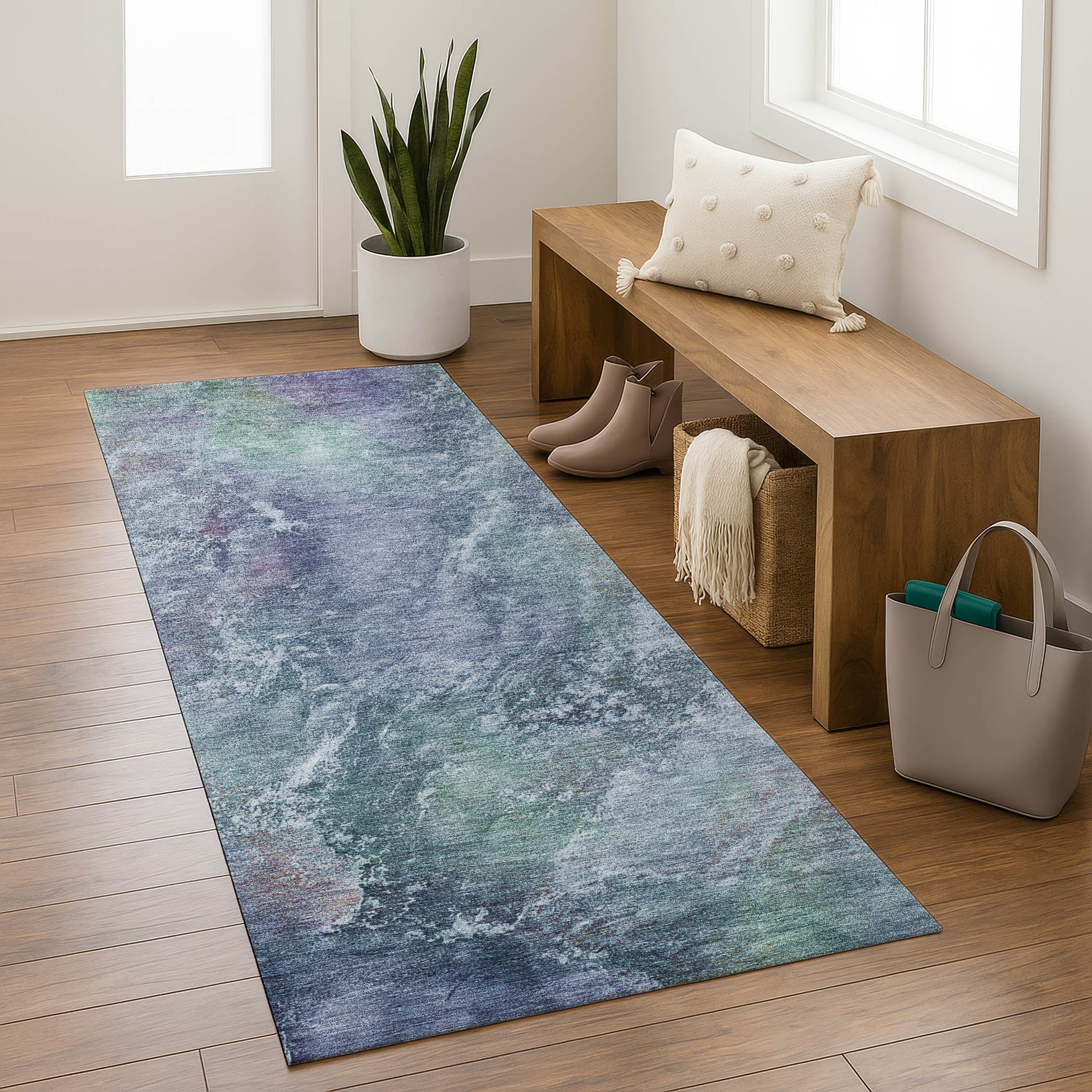 Dublin Machine Washable Transitional Blue Rug 2'3" x 7'6" #shape_Runner