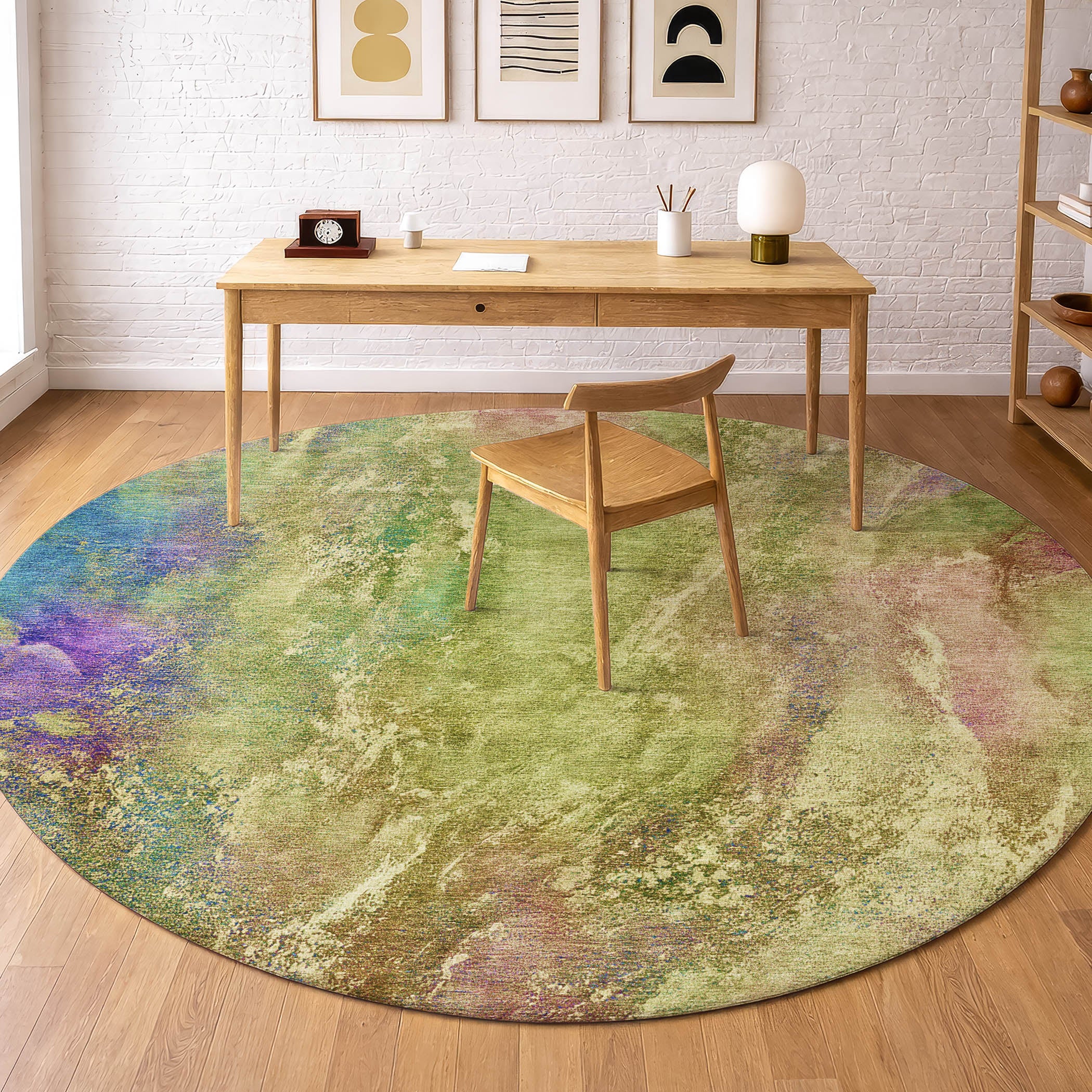 Dublin Machine Washable Transitional Green Rug 8' x 8' #shape_Round