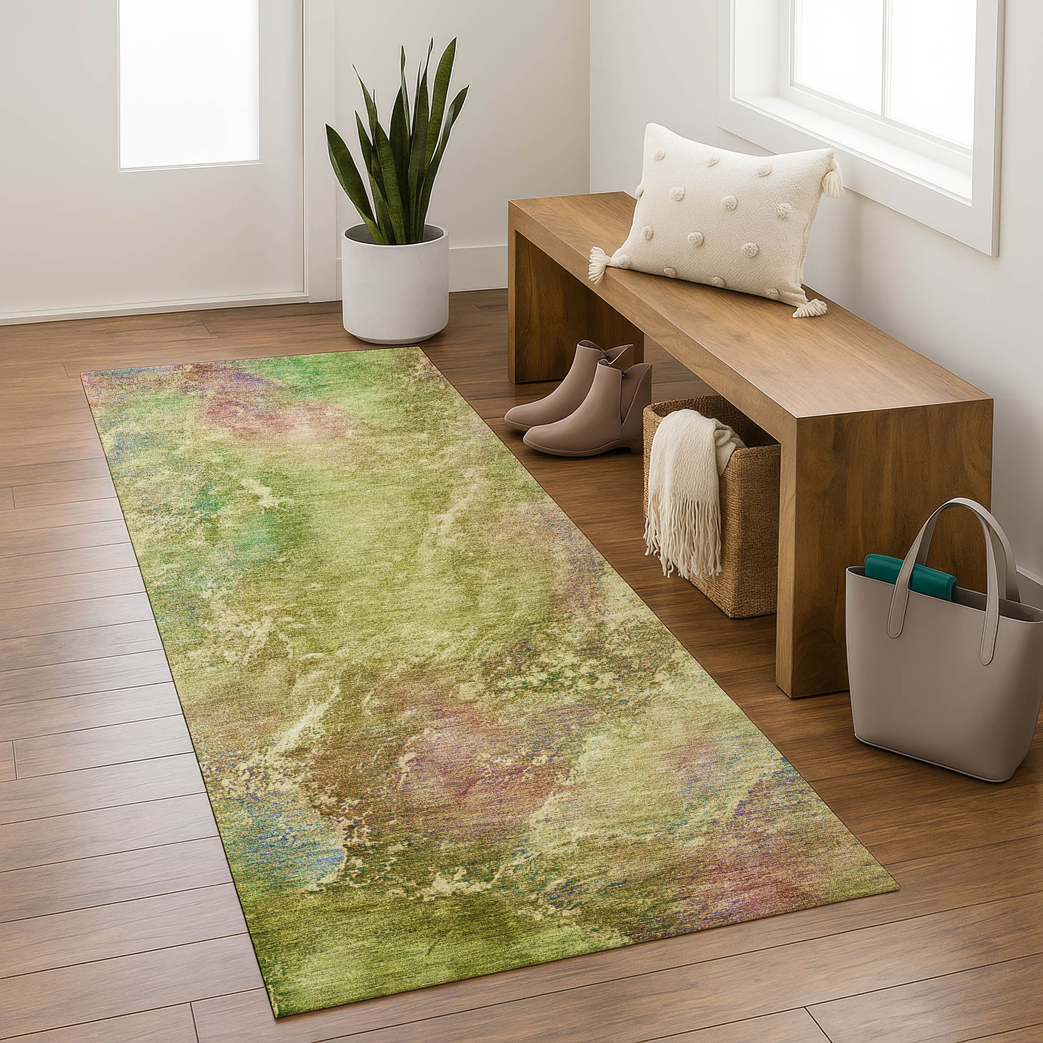 Dublin Machine Washable Transitional Green Rug 2'3" x 7'6" #shape_Runner