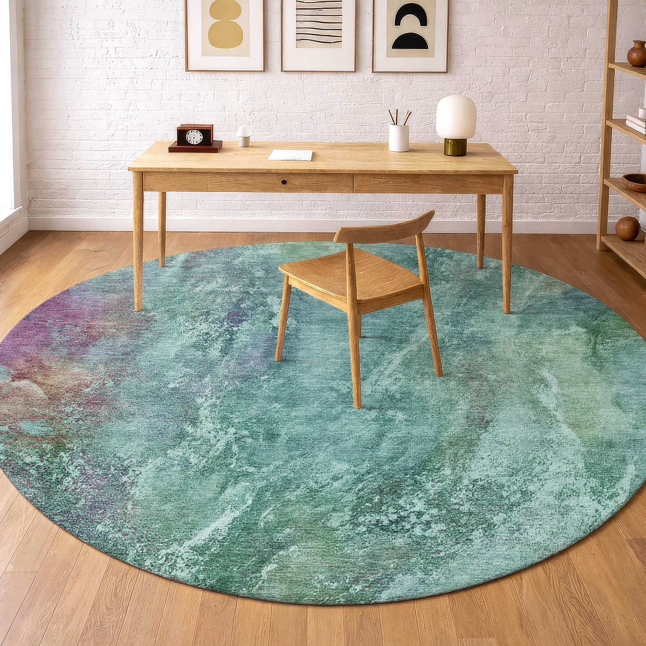 Dublin Machine Washable Transitional Teal Rug 8' x 8' #shape_Round
