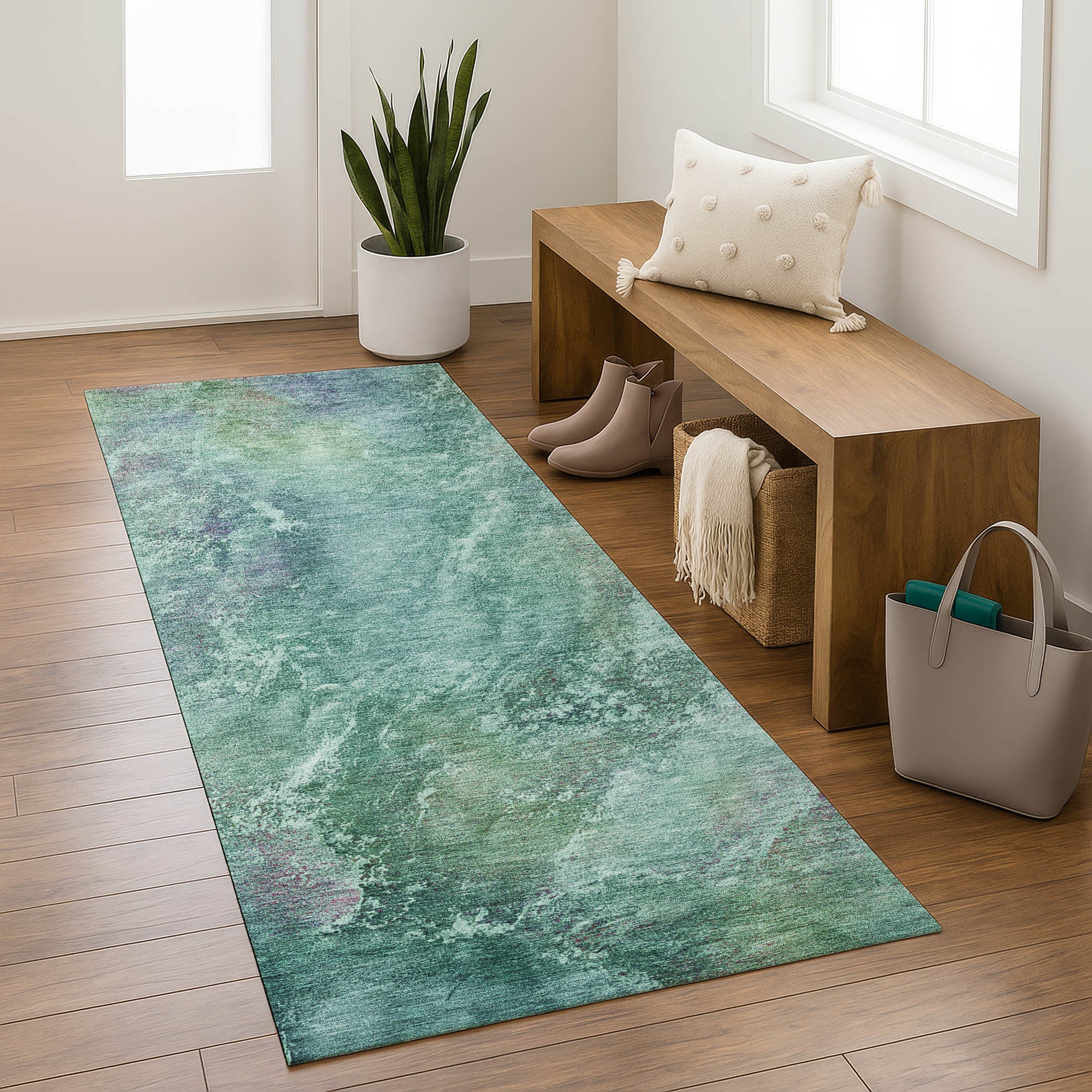Dublin Machine Washable Transitional Teal Rug 2'3" x 7'6" #shape_Runner