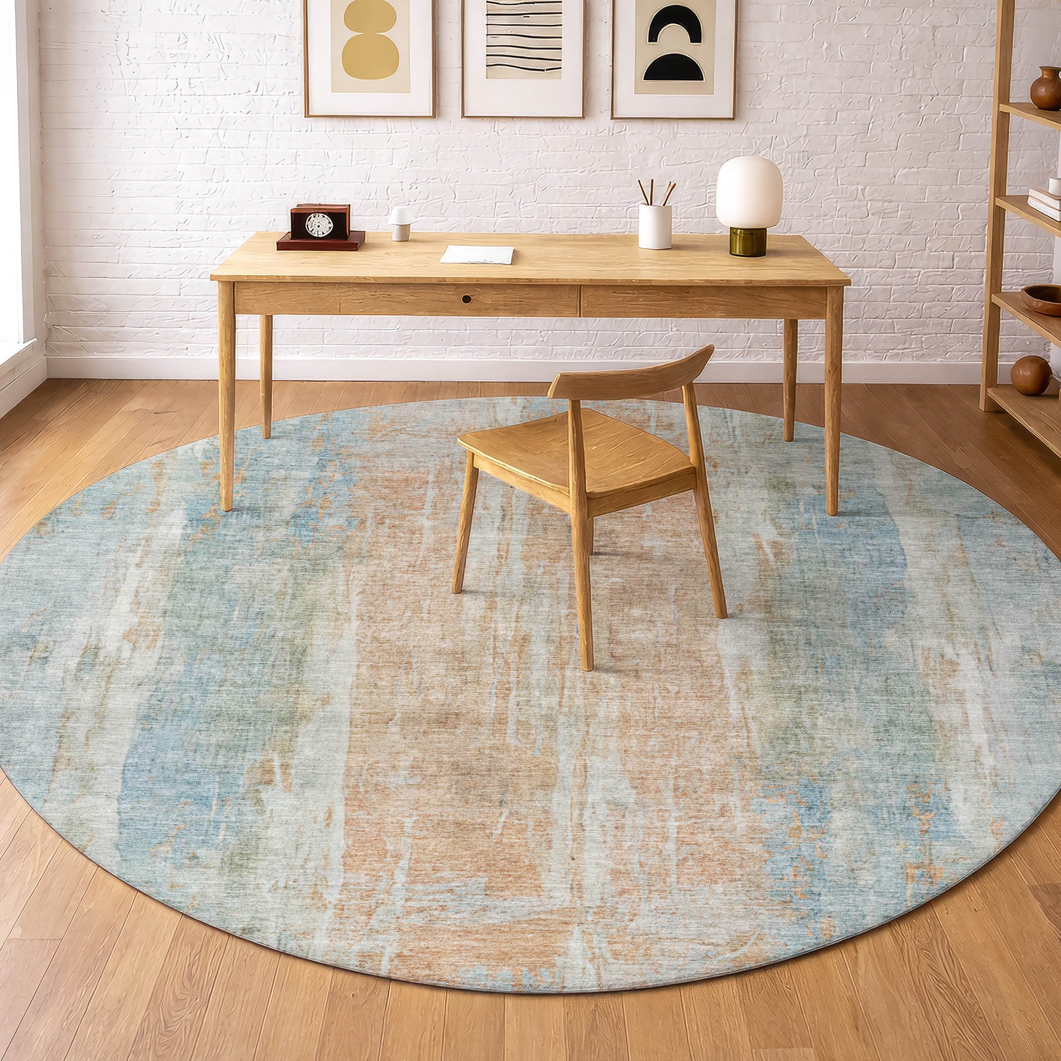 Dubrovnik Machine Washable Transitional Sky Blue Rug 8' x 8' #shape_Round