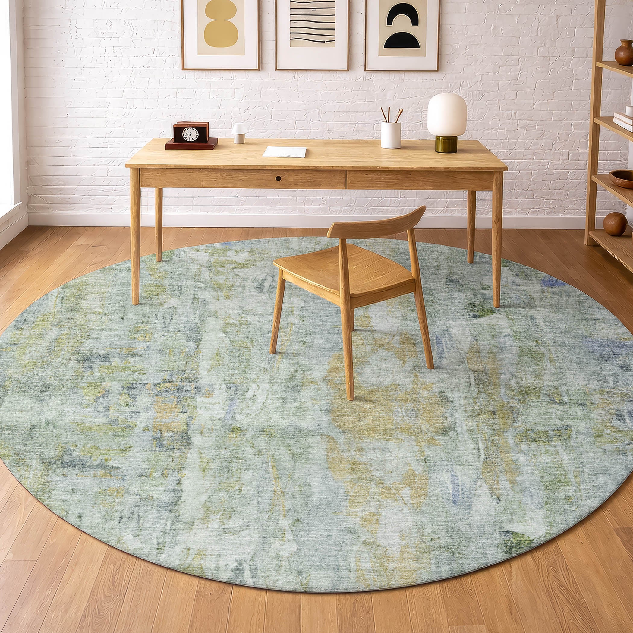Queenstown Machine Washable Transitional Aloe Green Rug 8' x 8' #shape_Round