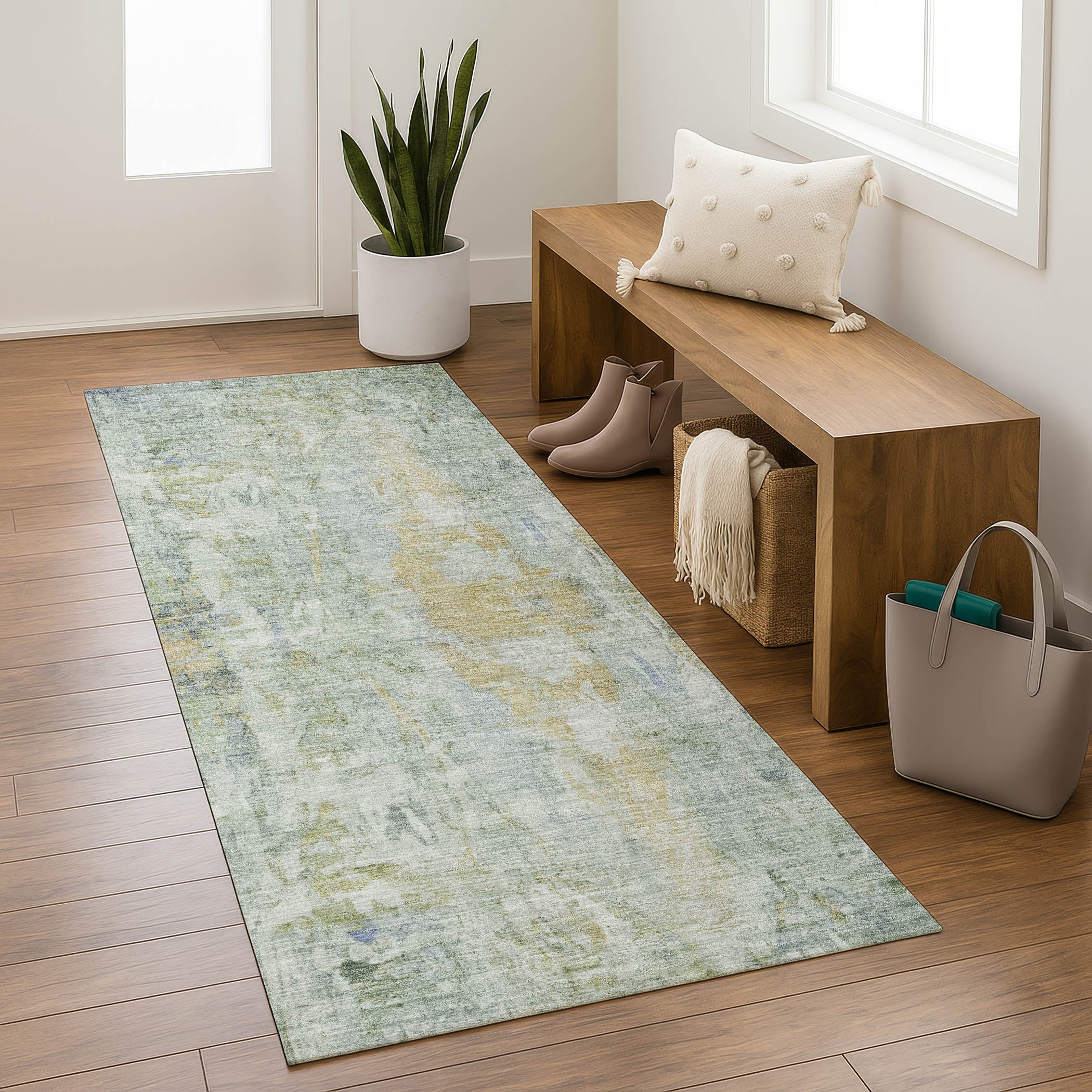 Queenstown Machine Washable Transitional Aloe Green Rug 2'3" x 7'6" #shape_Runner