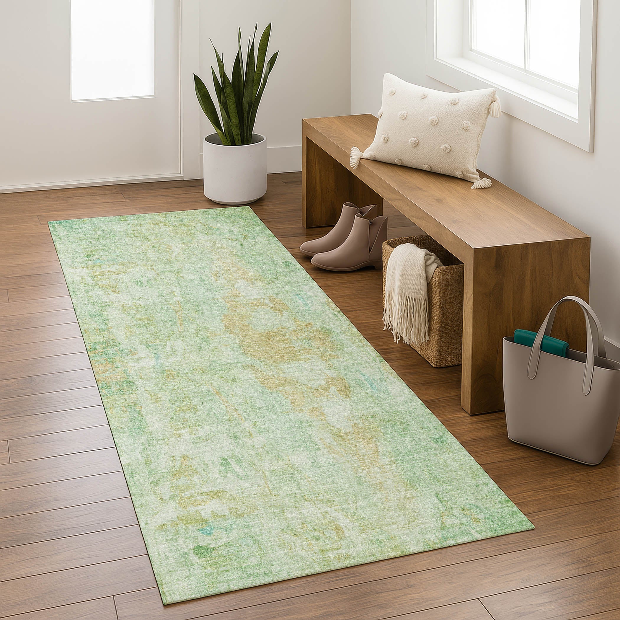 Queenstown Machine Washable Transitional Basil Green Rug 2'3" x 7'6" #shape_Runner