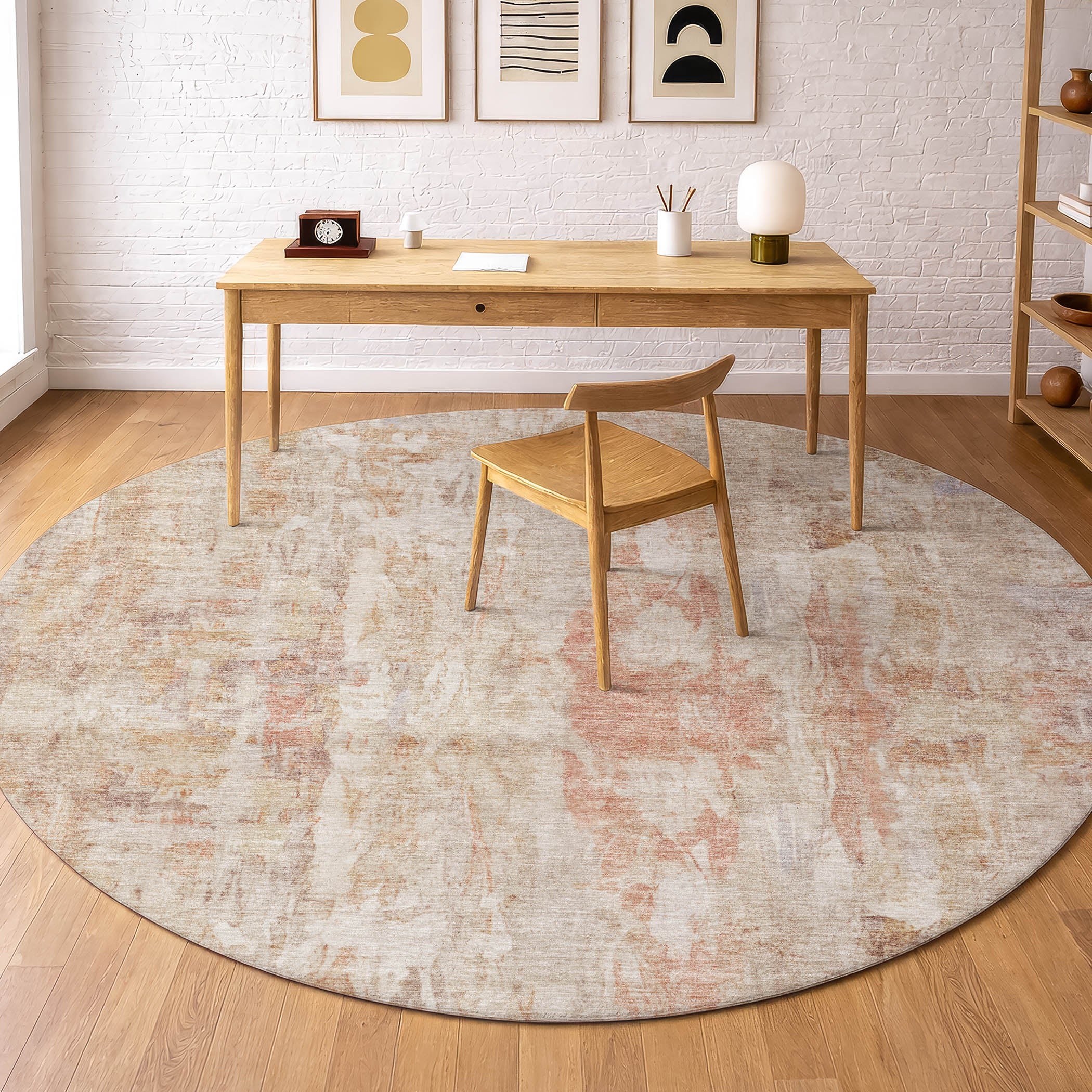 Queenstown Machine Washable Transitional Beige Brown Rug 8' x 8' #shape_Round