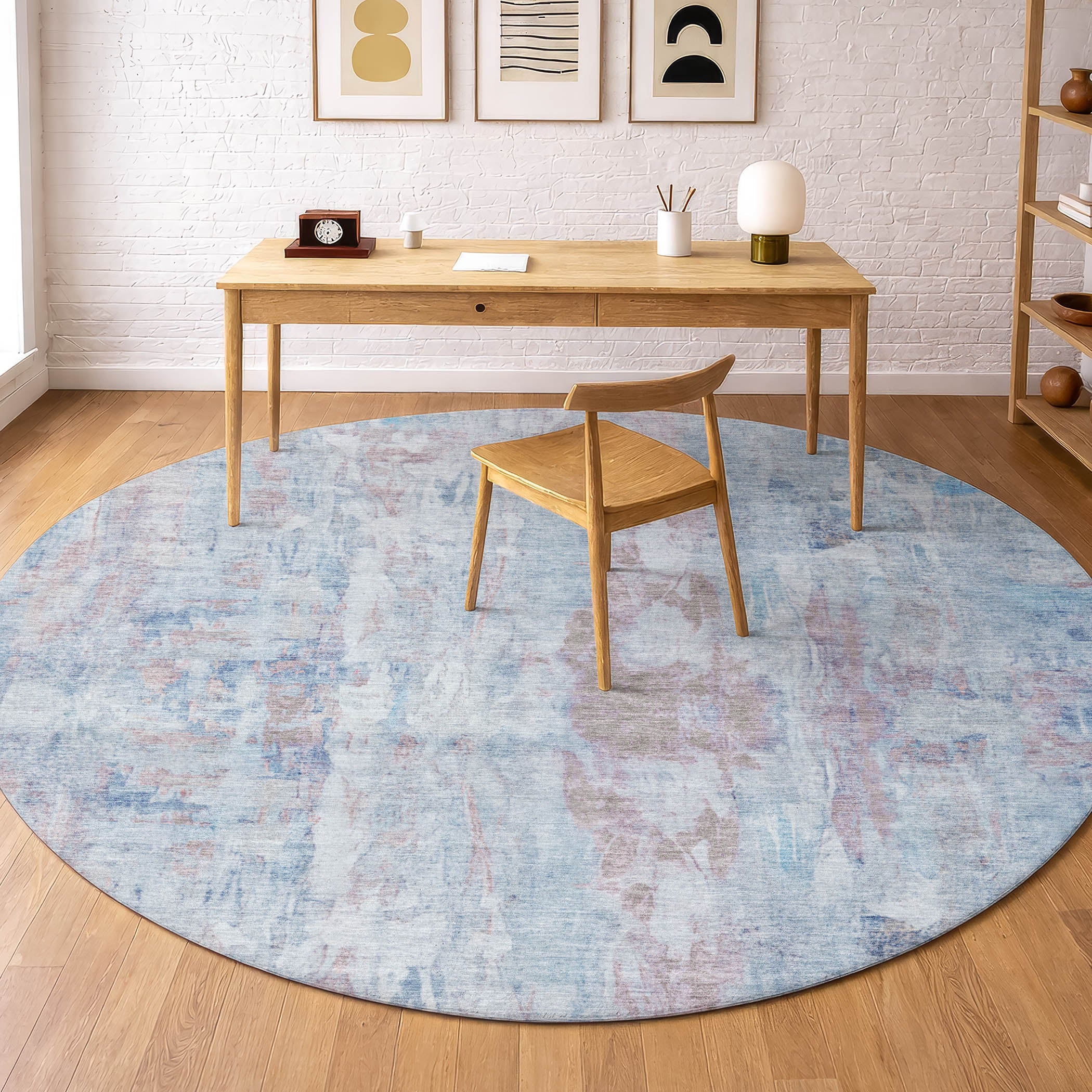Queenstown Machine Washable Transitional Blue Rug 8' x 8' #shape_Round