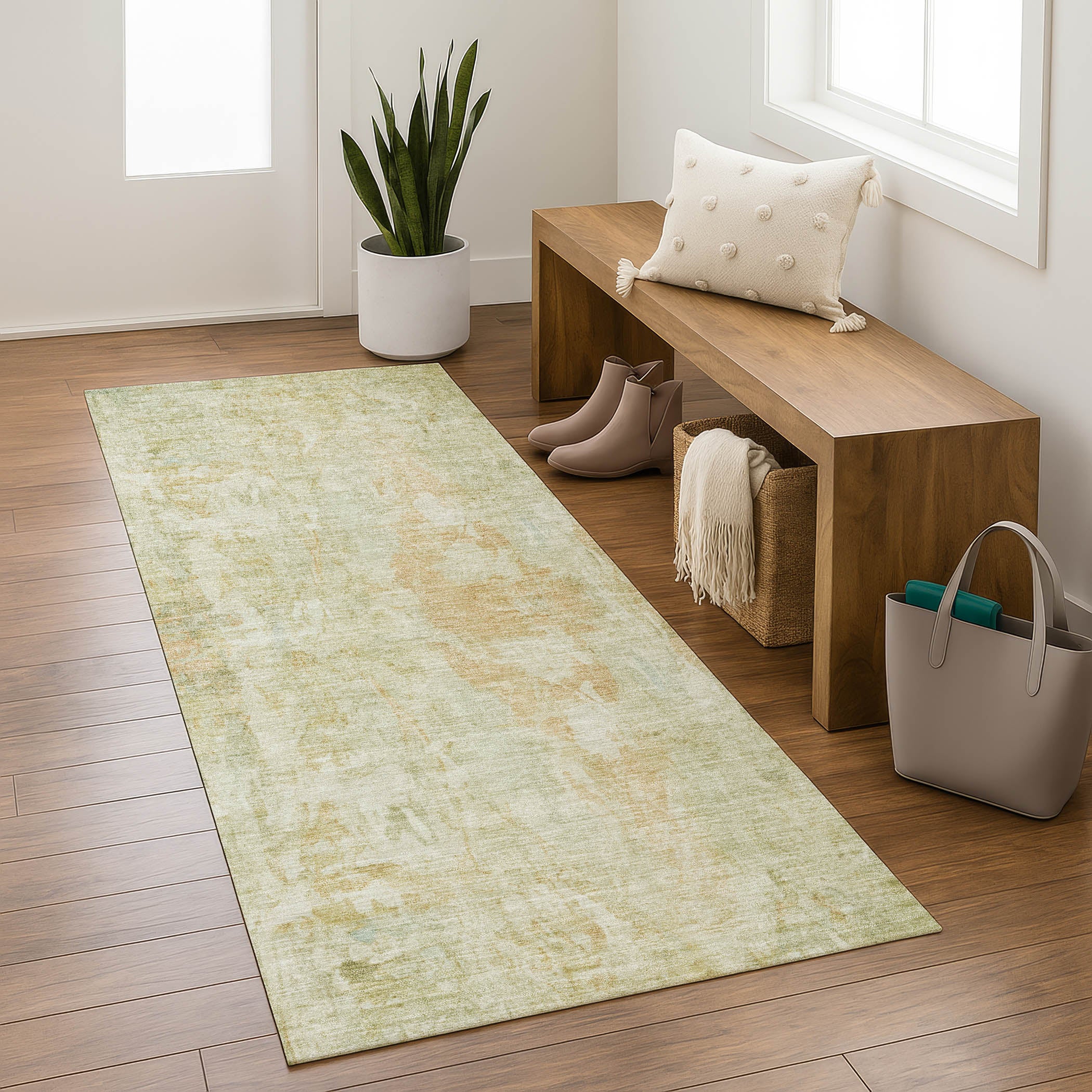 Queenstown Machine Washable Transitional Celery Green Rug 2'3" x 7'6" #shape_Runner