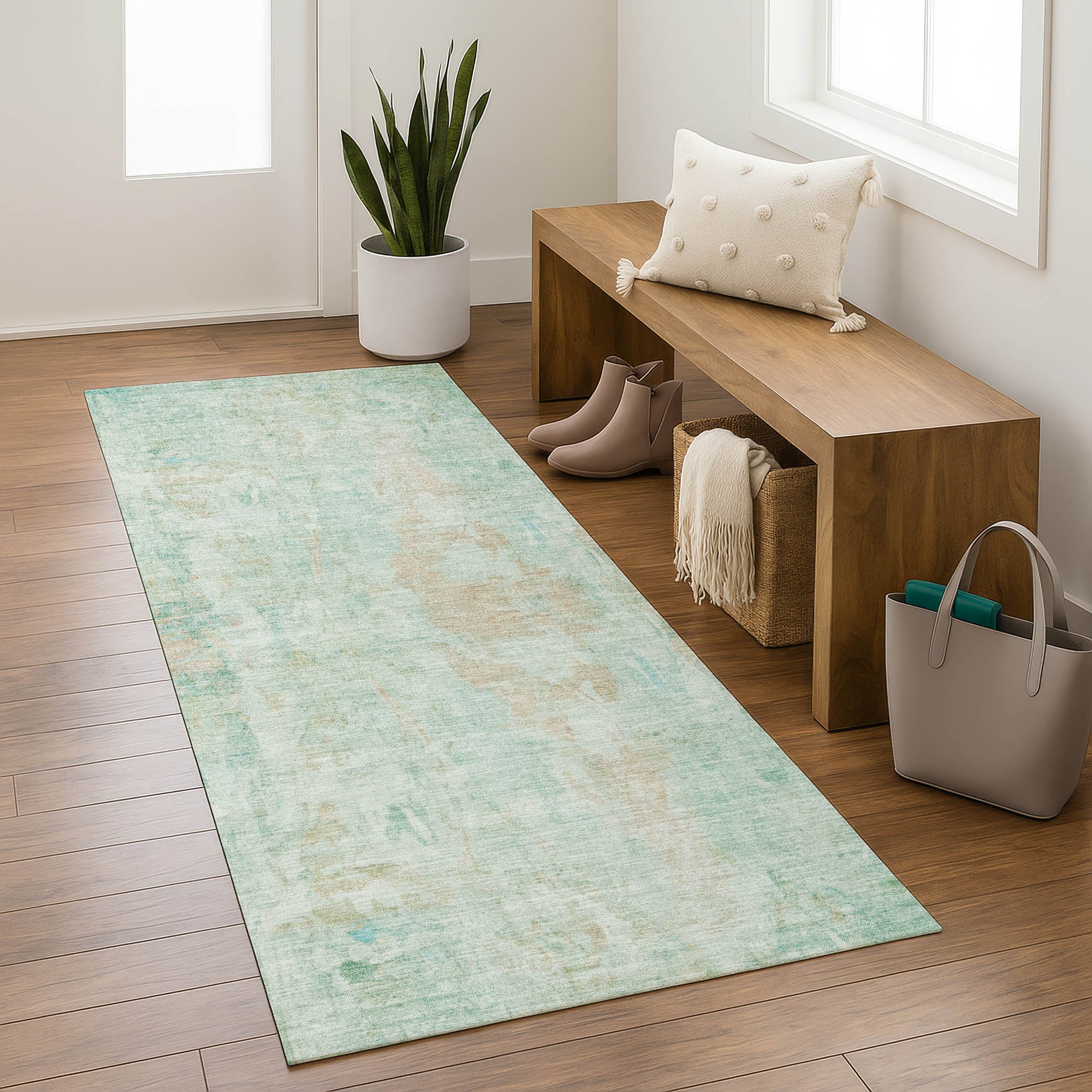 Queenstown Machine Washable Transitional Turquoise Teal Rug 2'3" x 7'6" #shape_Runner