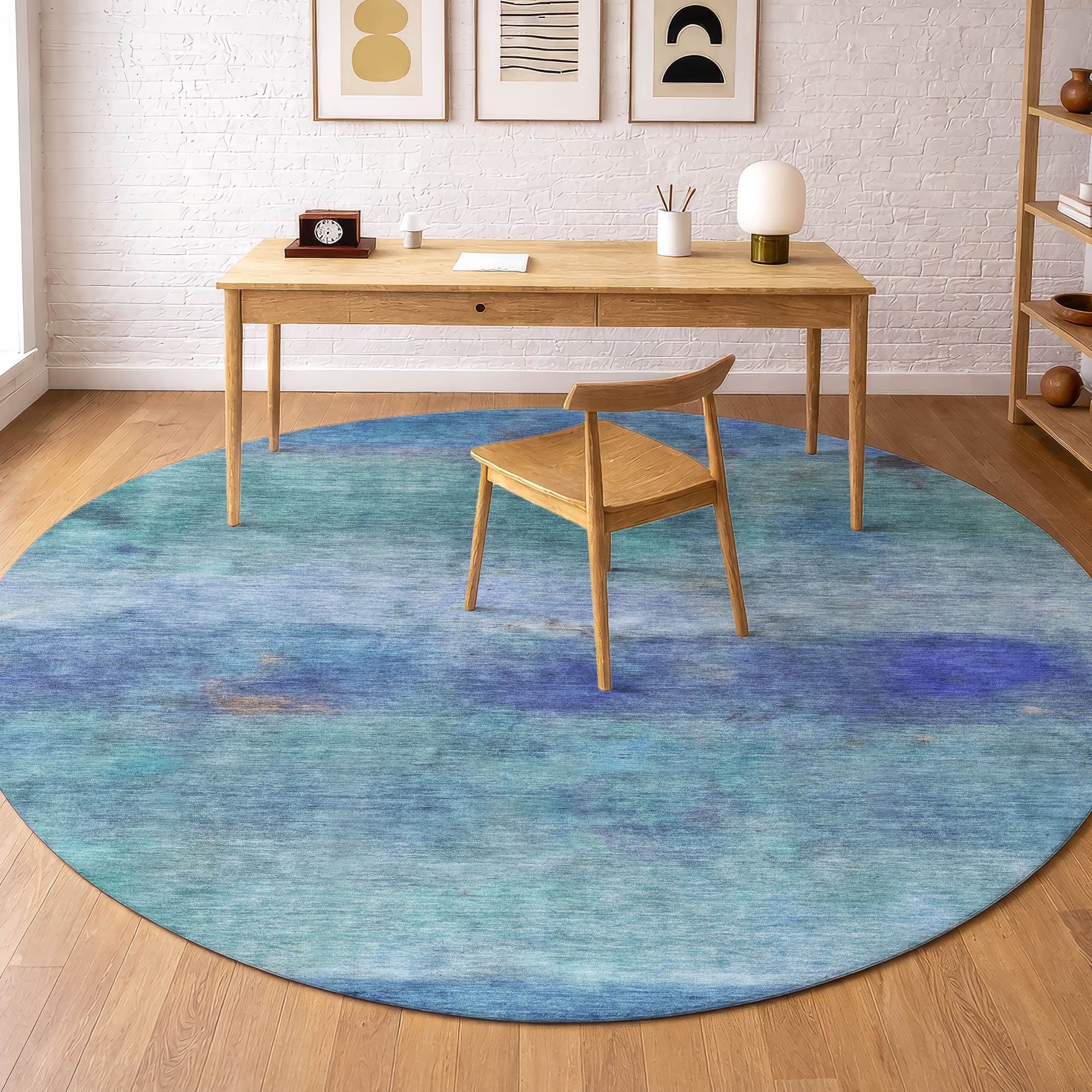 Cartagena Machine Washable Transitional Blue Rug 8' x 8' #shape_Round