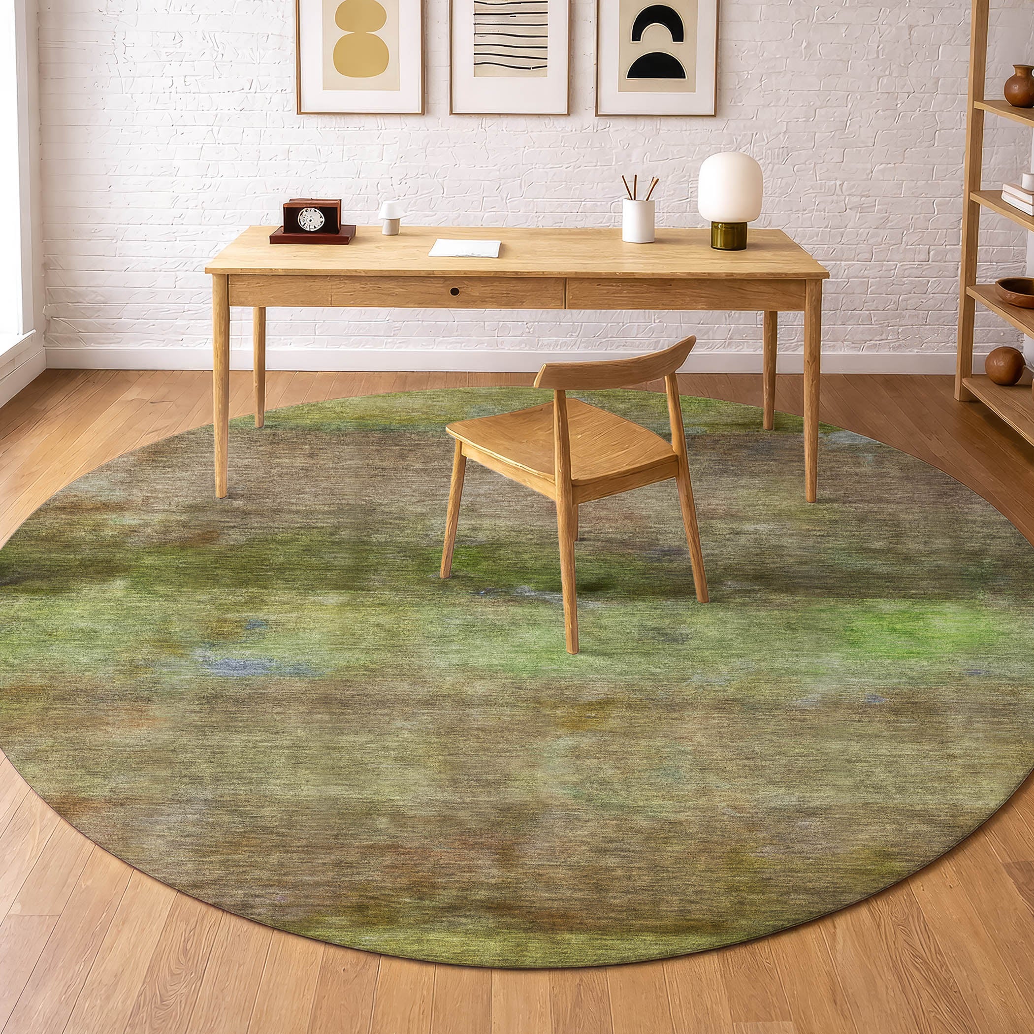 Cartagena Machine Washable Transitional Olive Green Rug 8' x 8' #shape_Round