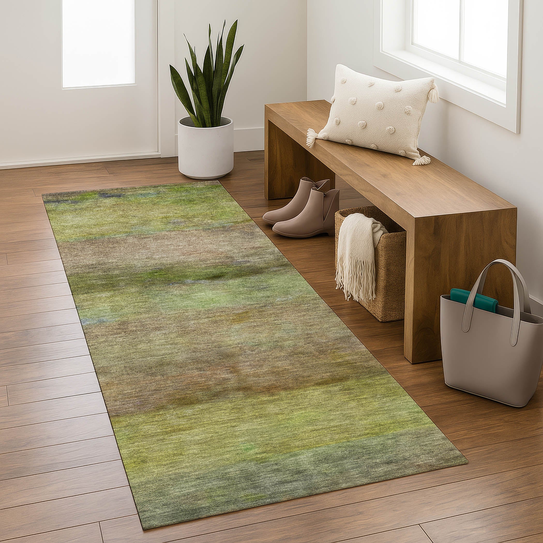 Cartagena Machine Washable Transitional Olive Green Rug 2'3" x 7'6" #shape_Runner