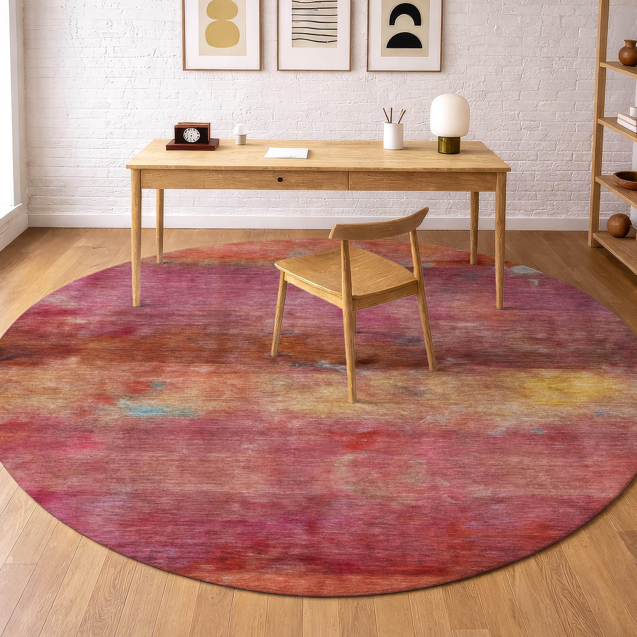 Cartagena Machine Washable Transitional Pink Rug 8' x 8' #shape_Round