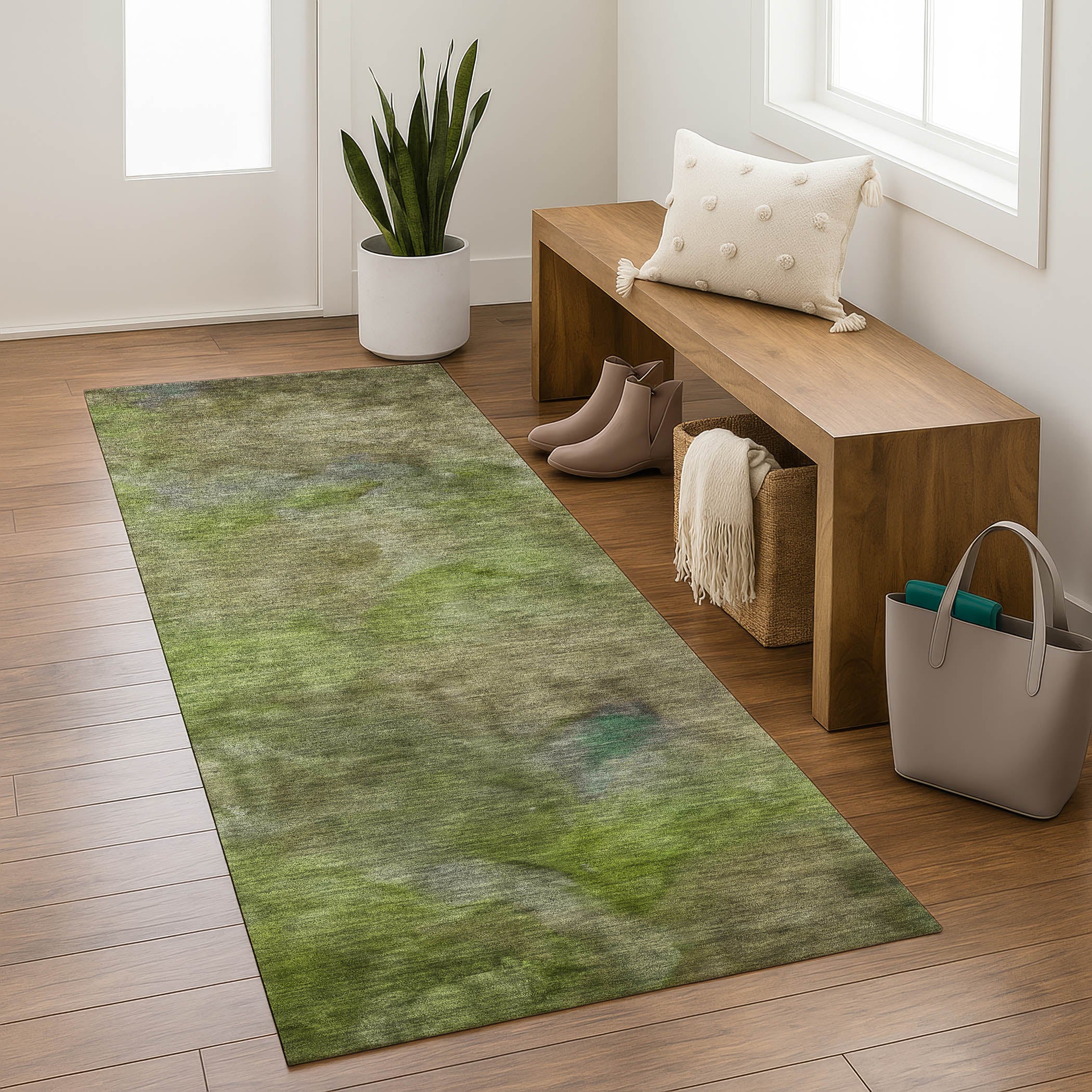 Porto Machine Washable Transitional Olive Green Rug 2'3" x 7'6" #shape_Runner