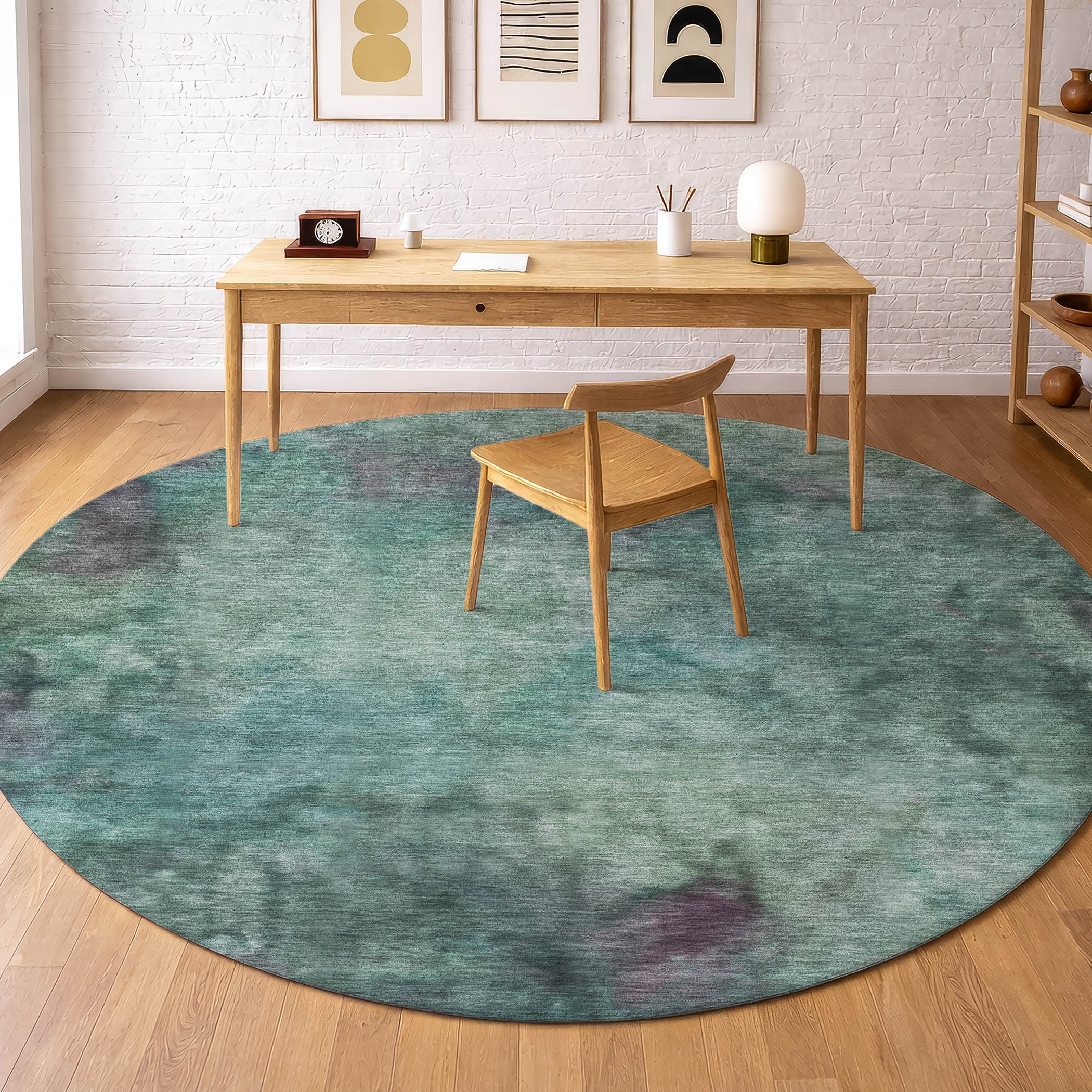 Porto Machine Washable Transitional Teal Rug 8' x 8' #shape_Round