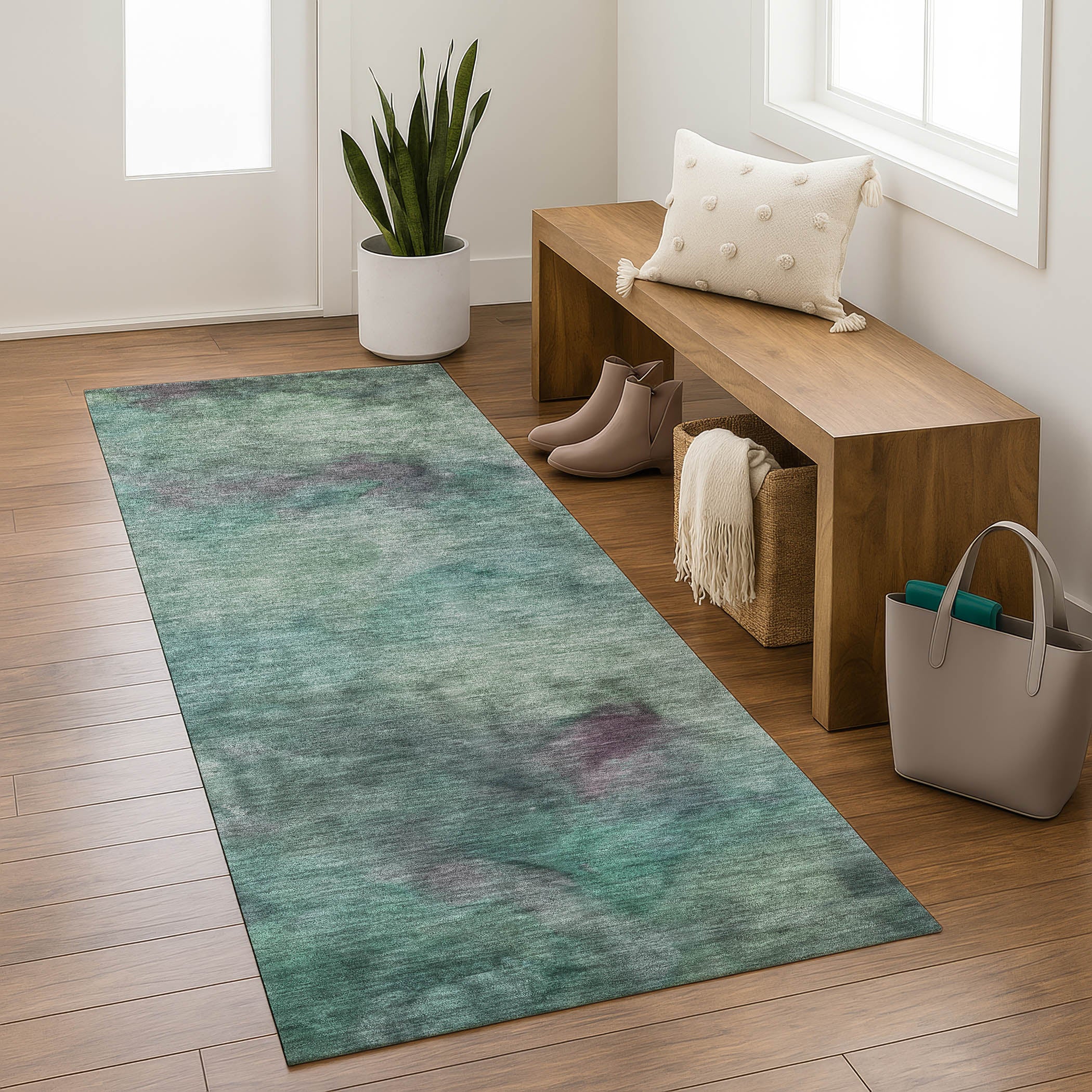 Porto Machine Washable Transitional Teal Rug 2'3" x 7'6" #shape_Runner
