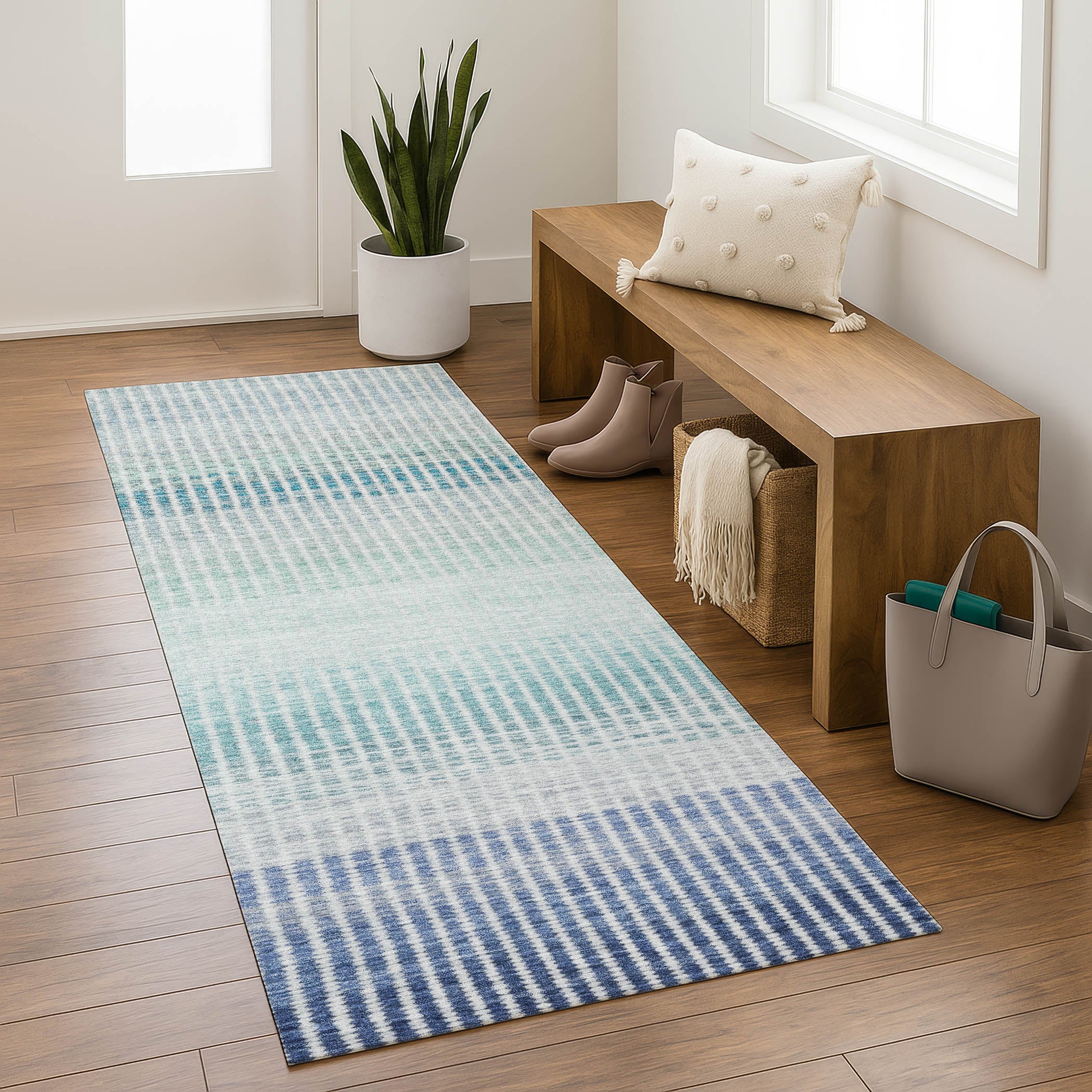 Prague Machine Washable Transitional Blue Rug 2'3" x 7'6" #shape_Runner
