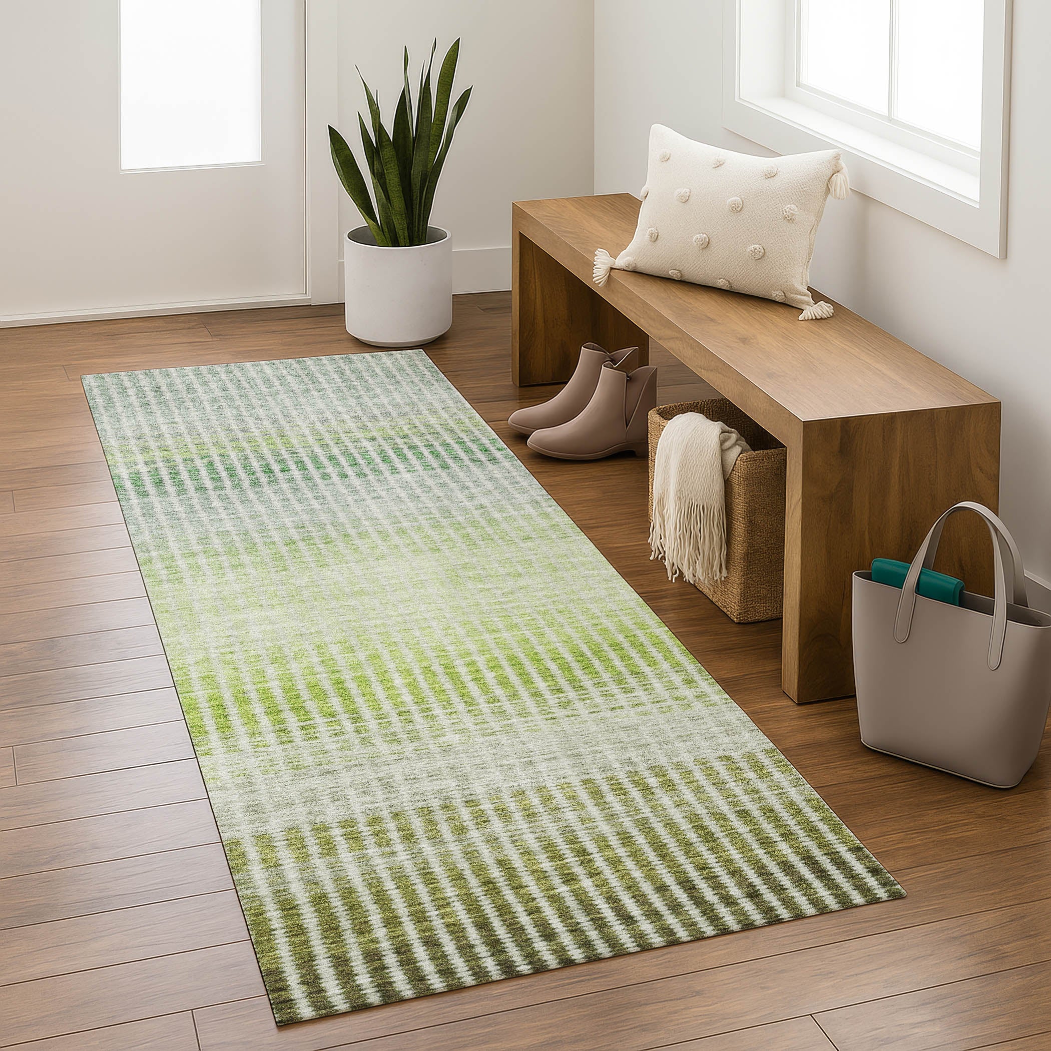Prague Machine Washable Transitional Olive Green Rug 2'3" x 7'6" #shape_Runner