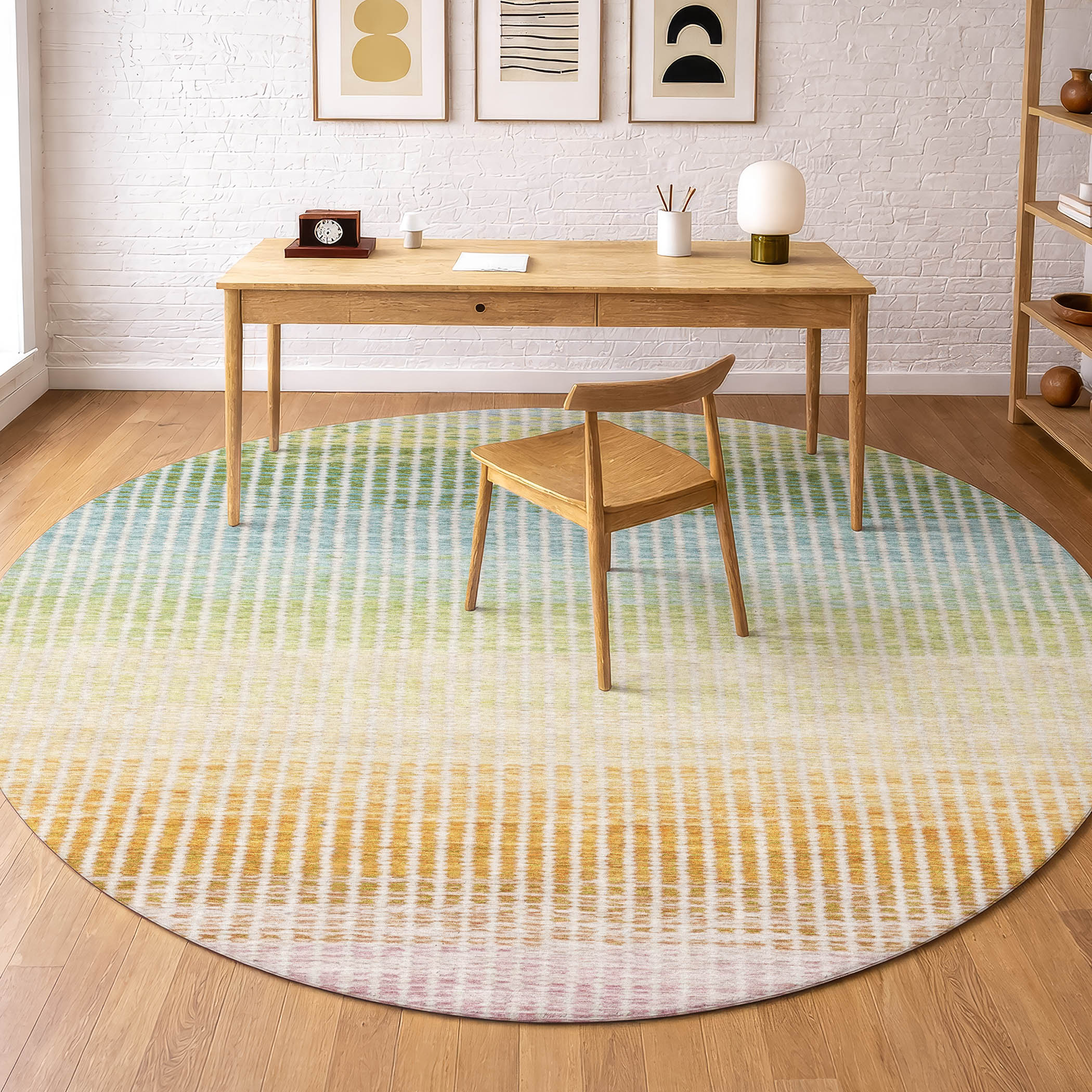 Prague Machine Washable Transitional Salmon Orange Rug 8' x 8' #shape_Round