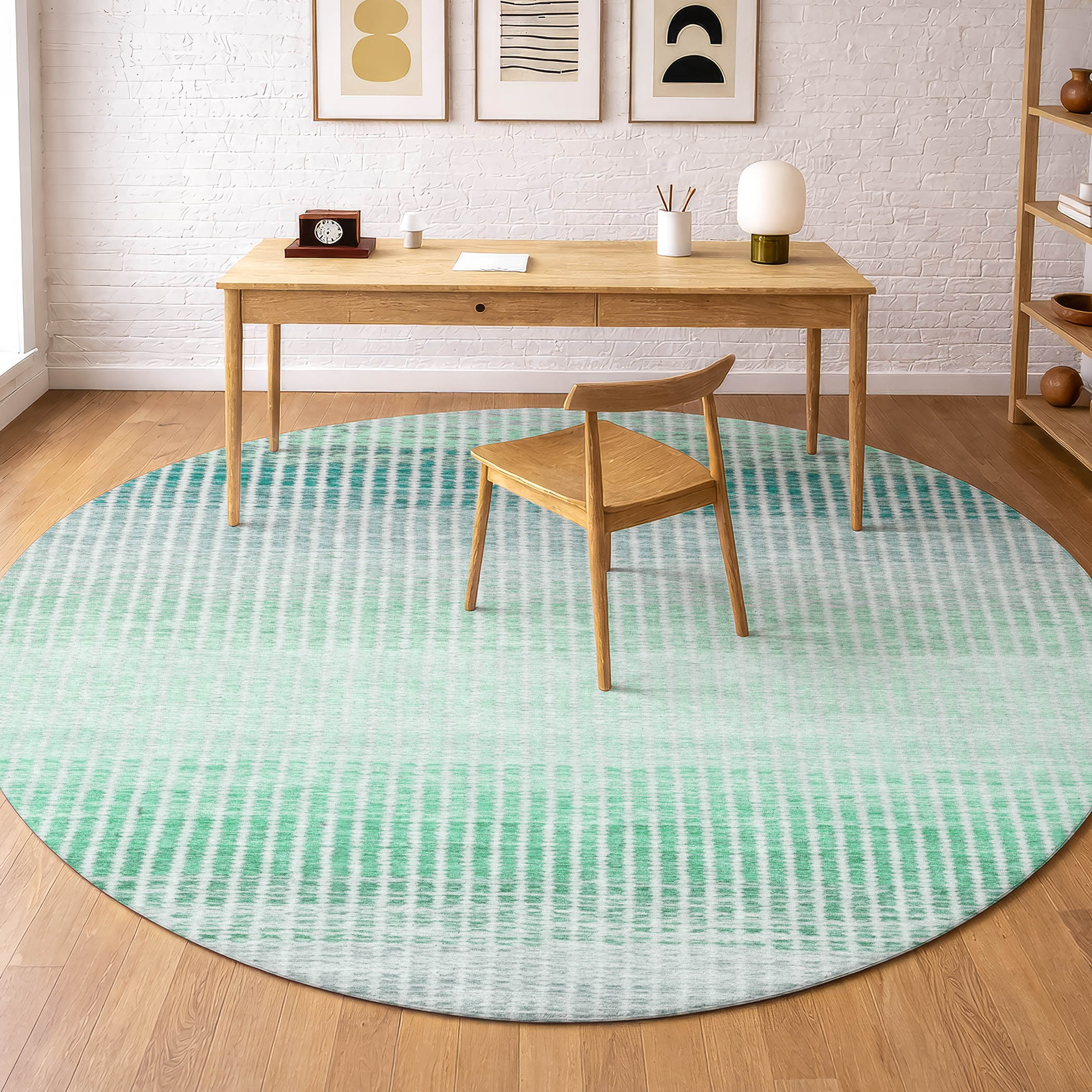 Prague Machine Washable Transitional Turquoise Teal Rug 8' x 8' #shape_Round