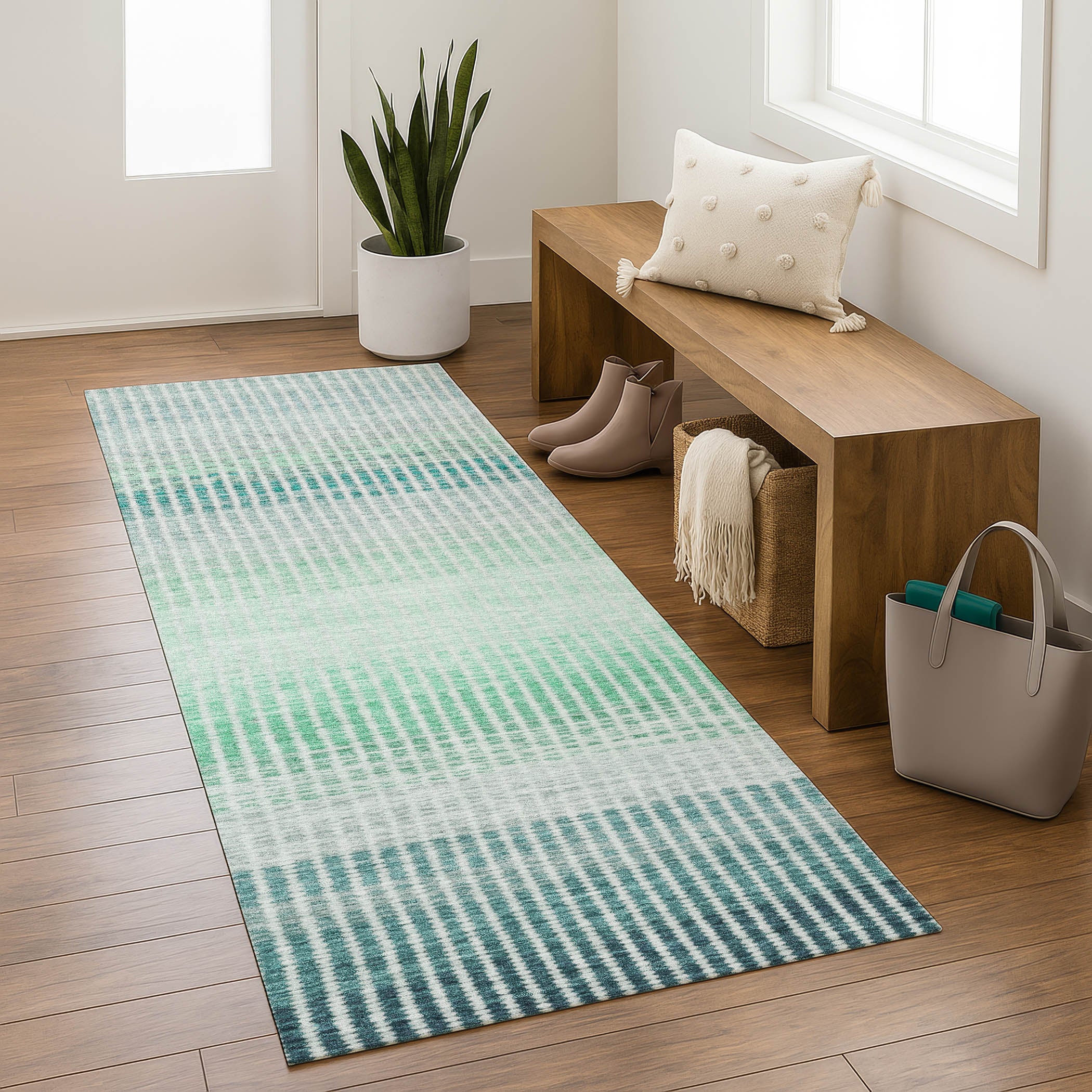 Prague Machine Washable Transitional Turquoise Teal Rug 2'3" x 7'6" #shape_Runner