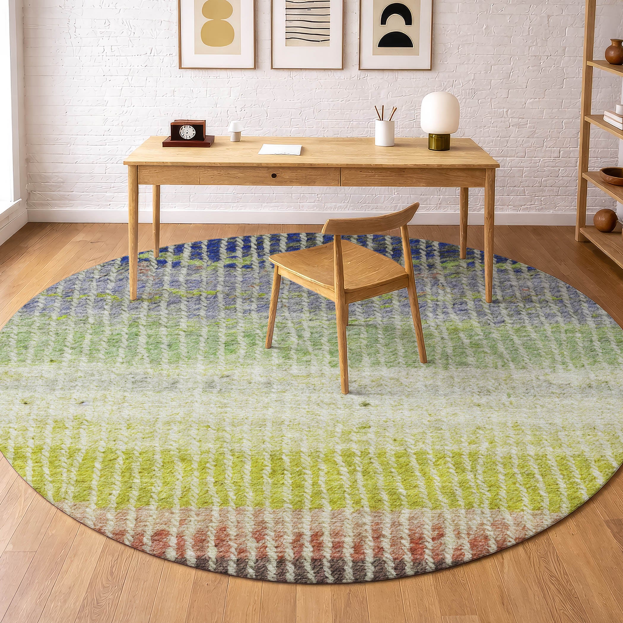 Luang Prabang Machine Washable Transitional Olive Green Rug 8' x 8' #shape_Round
