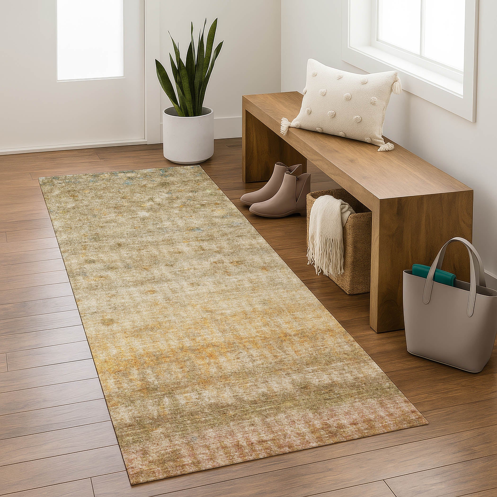 Oaxaca Machine Washable Transitional Beige Brown Rug 2'3" x 7'6" #shape_Runner