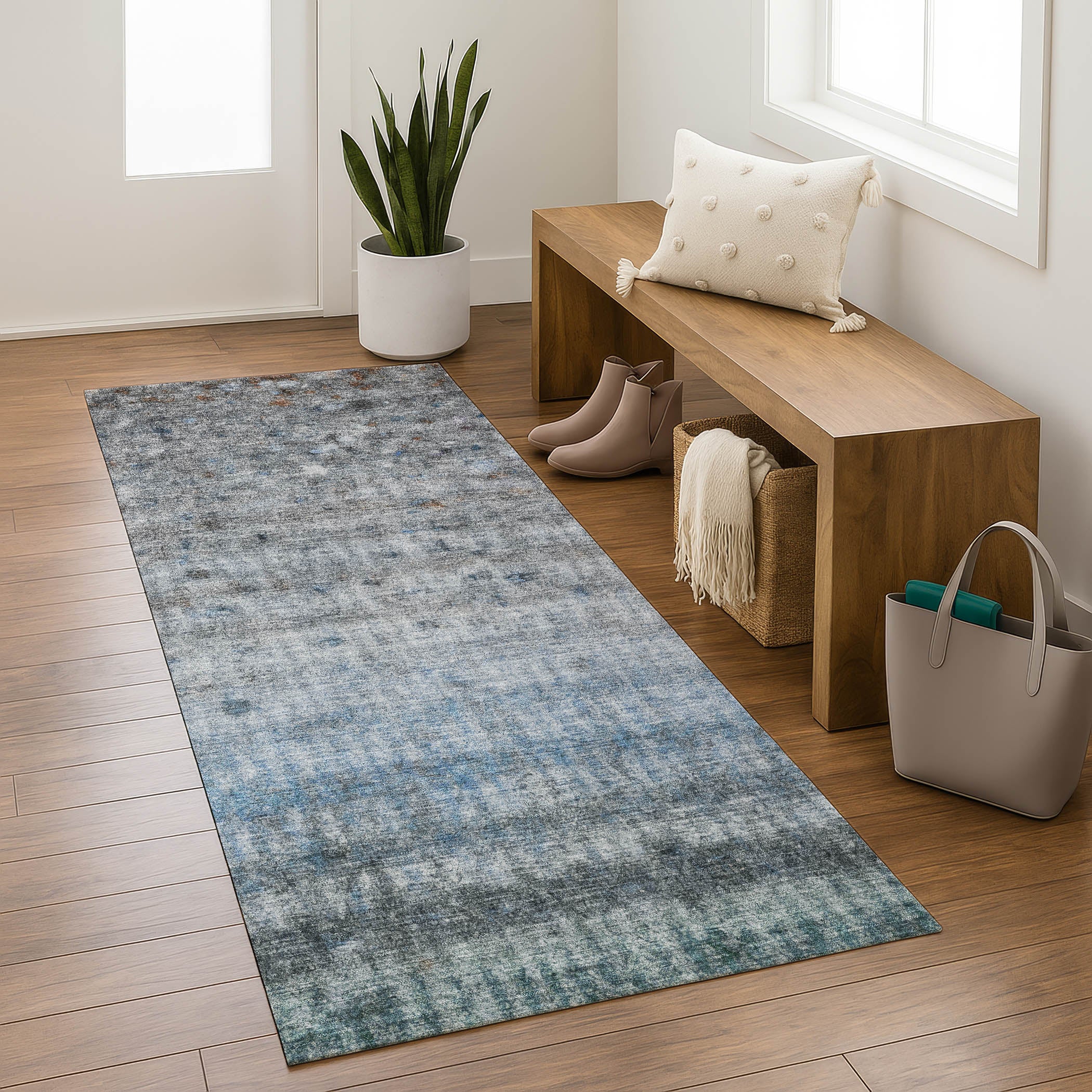Oaxaca Machine Washable Transitional Blue Rug 2'3" x 7'6" #shape_Runner