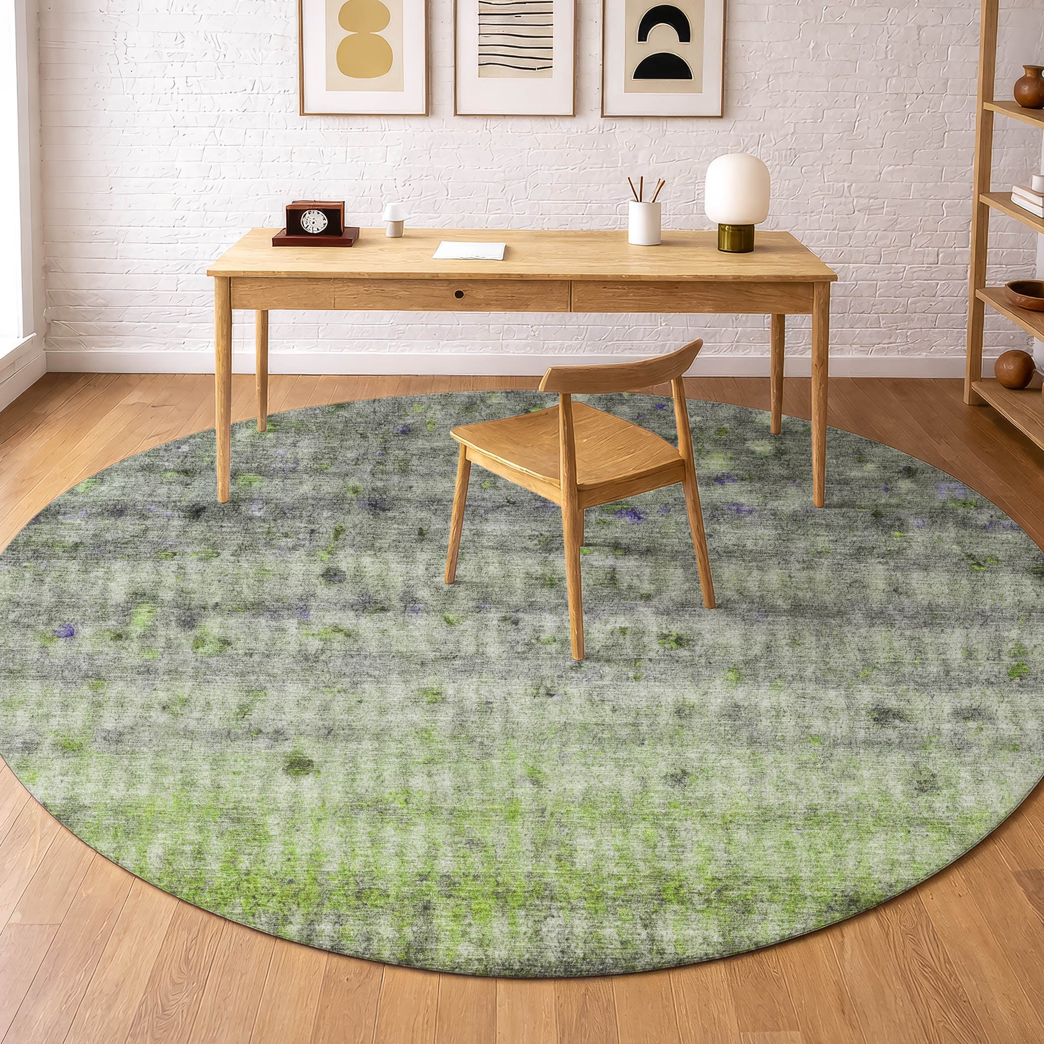 Oaxaca Machine Washable Transitional Green Rug 8' x 8' #shape_Round