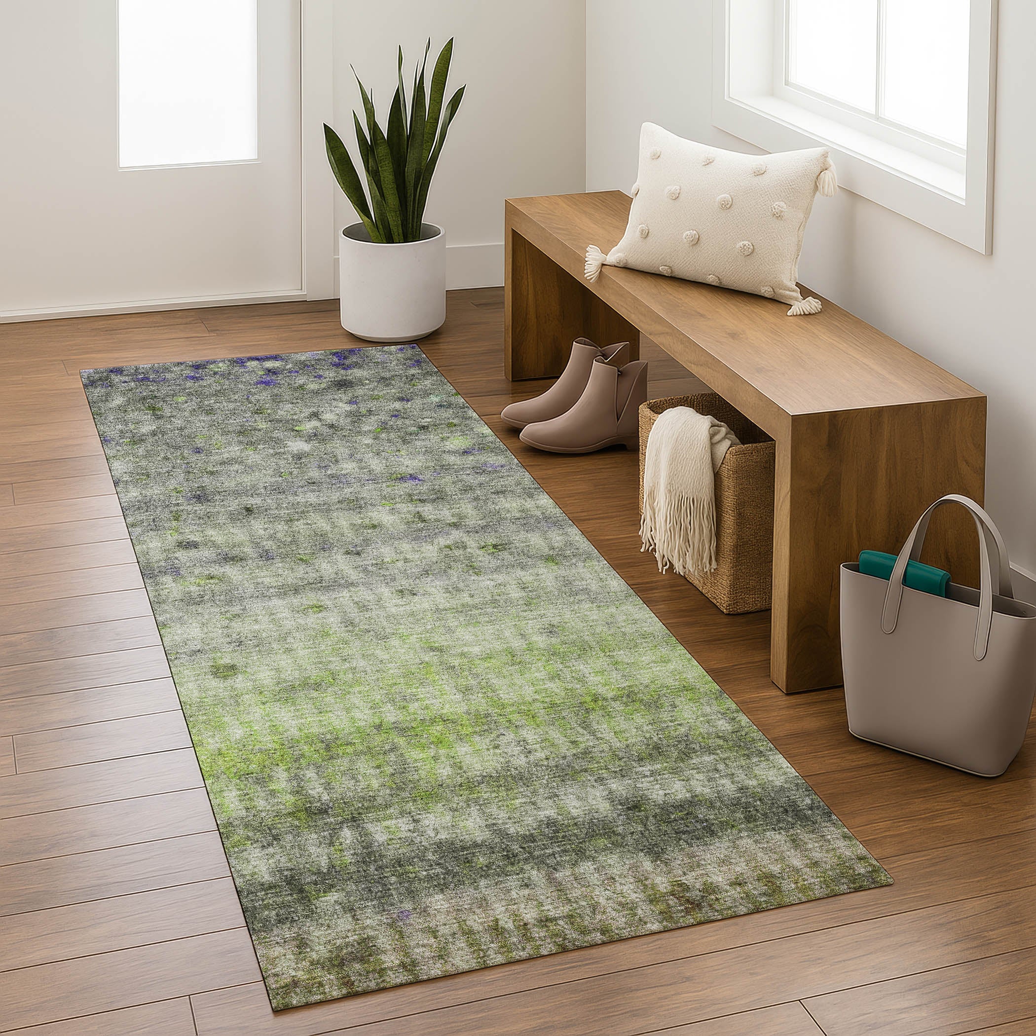 Oaxaca Machine Washable Transitional Green Rug 2'3" x 7'6" #shape_Runner