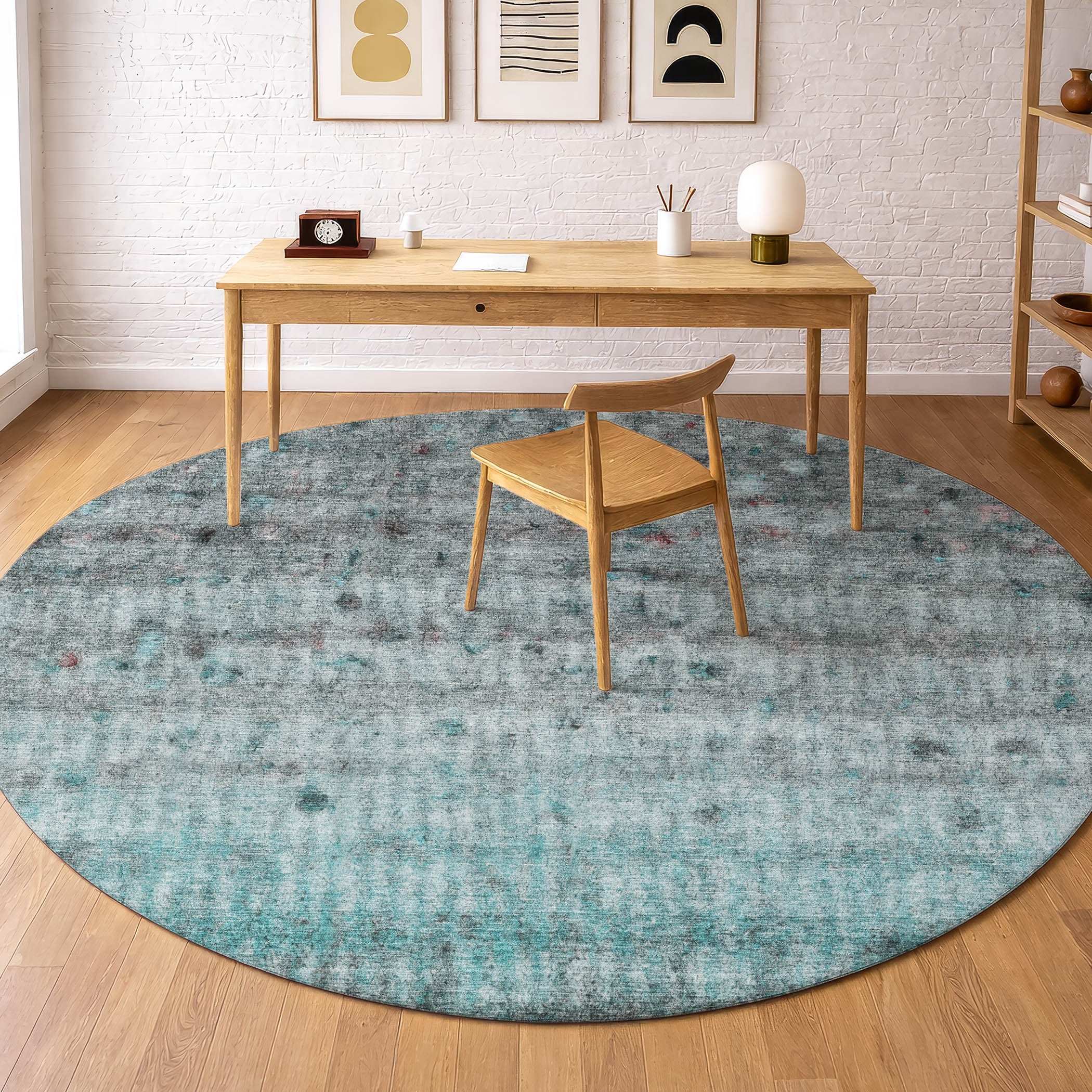 Oaxaca Machine Washable Transitional Teal Rug 8' x 8' #shape_Round