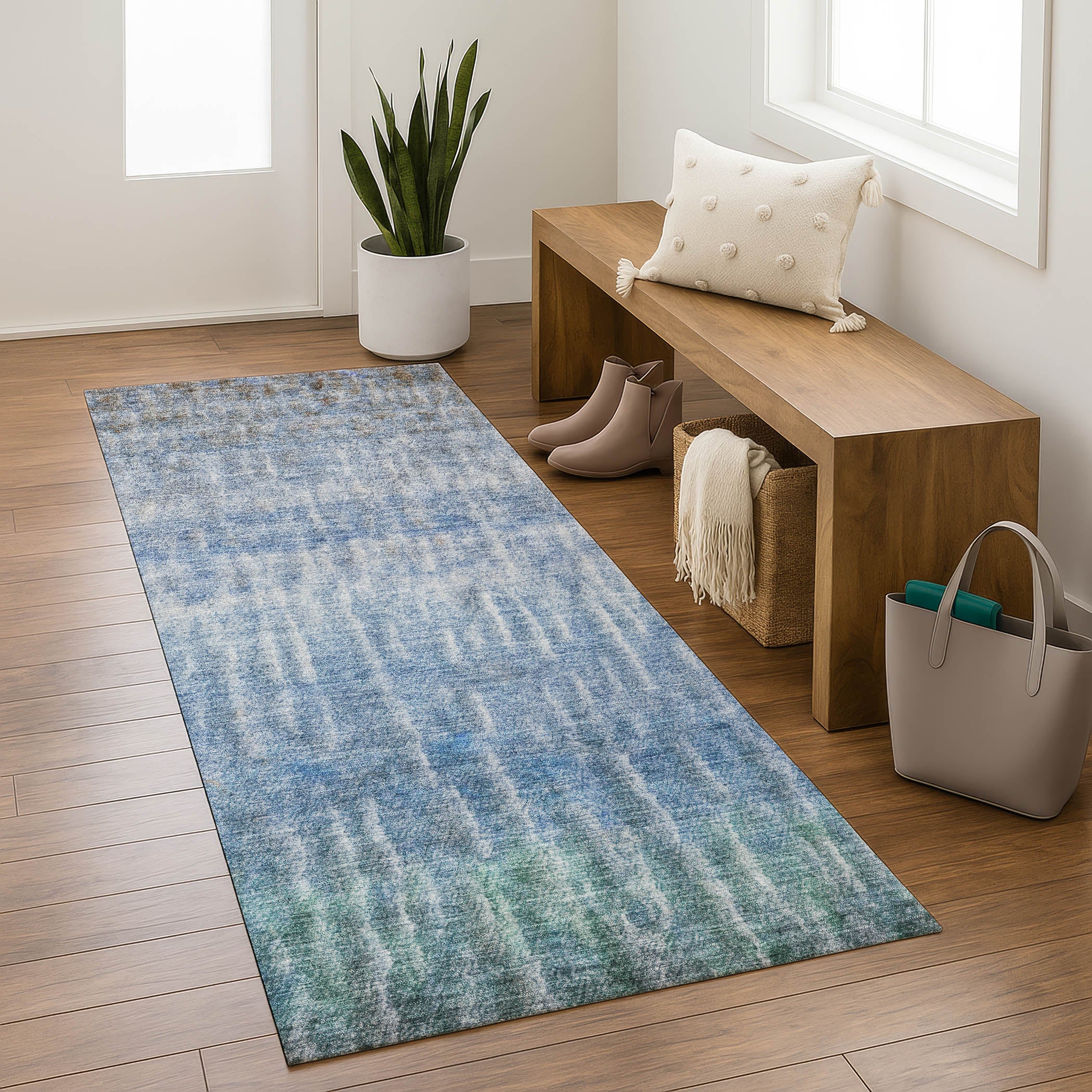 Antigua Machine Washable Transitional Blue Rug 2'3" x 7'6" #shape_Runner