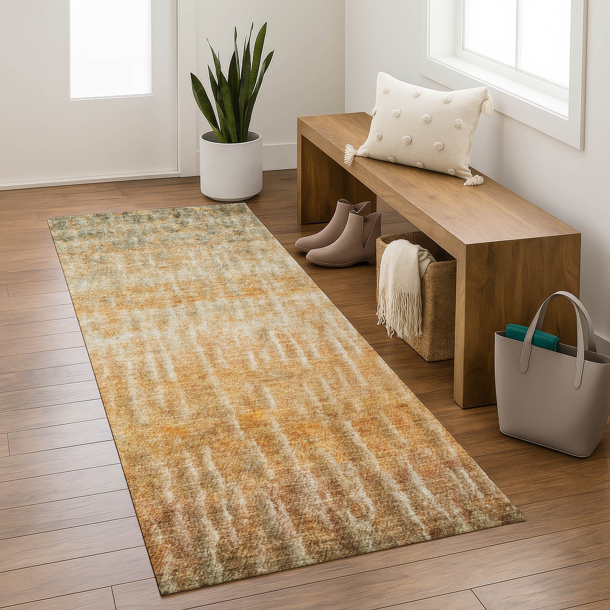 Antigua Machine Washable Transitional Copper Orange Rug 2'3" x 7'6" #shape_Runner