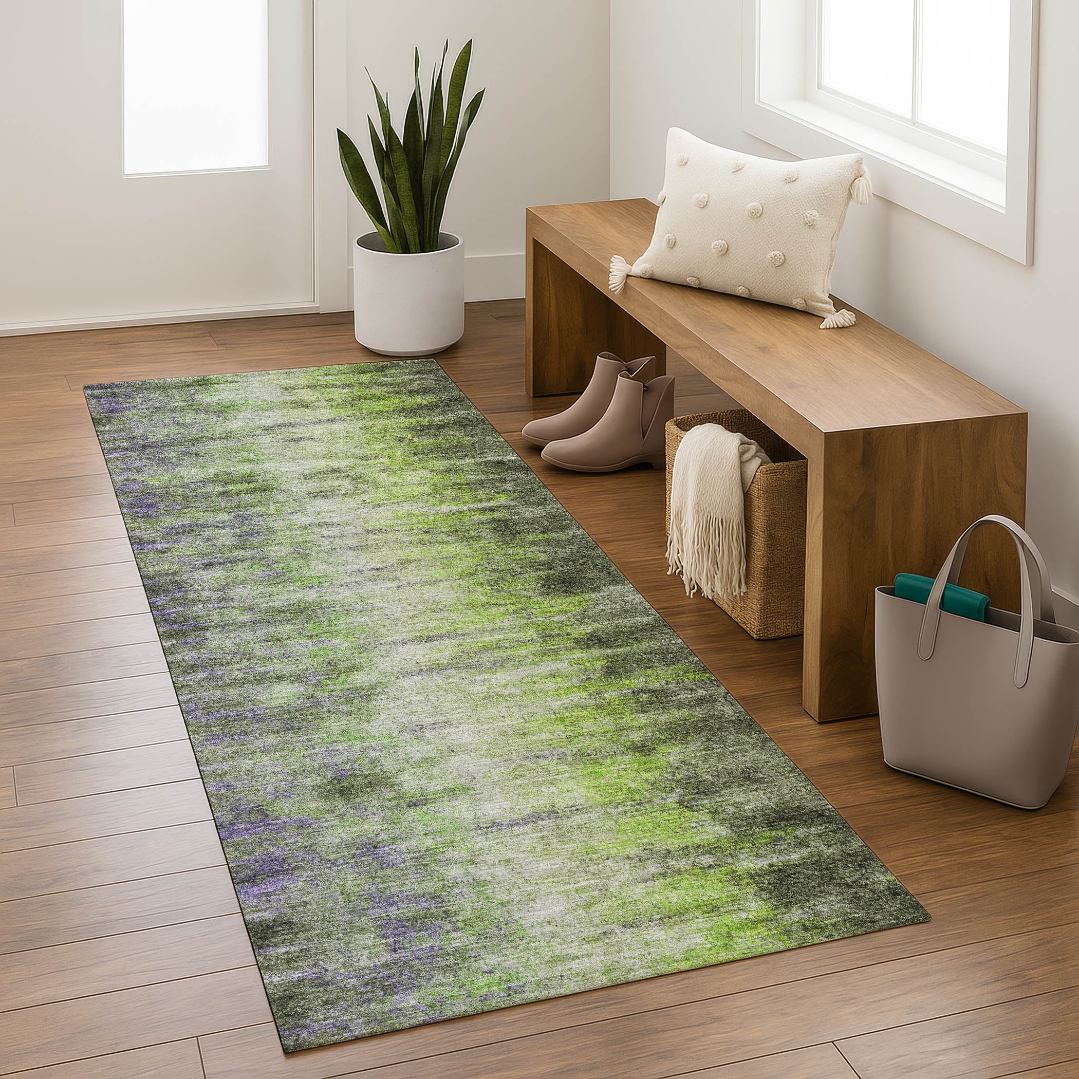 Sintra Machine Washable Transitional Olive Green Rug 2'3" x 7'6" #shape_Runner