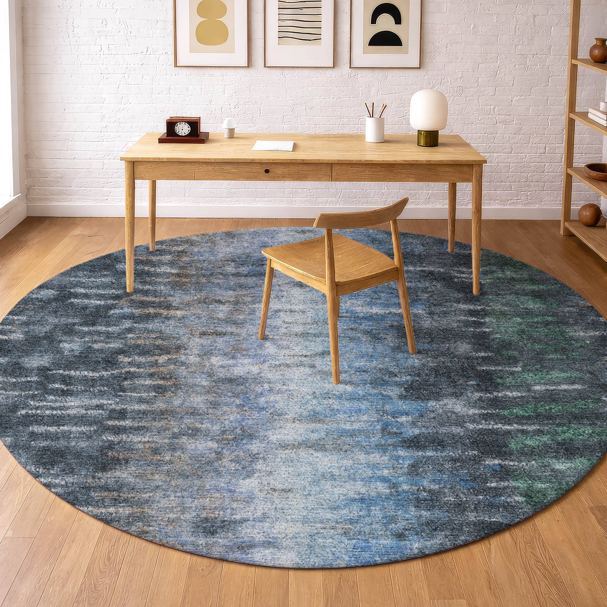 Sintra Machine Washable Transitional Teal Rug 8' x 8' #shape_Round
