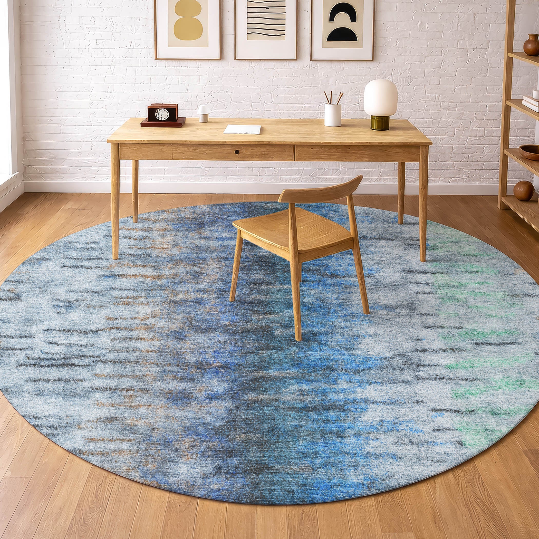 Marrakech Machine Washable Transitional Blue Rug 8' x 8' #shape_Round