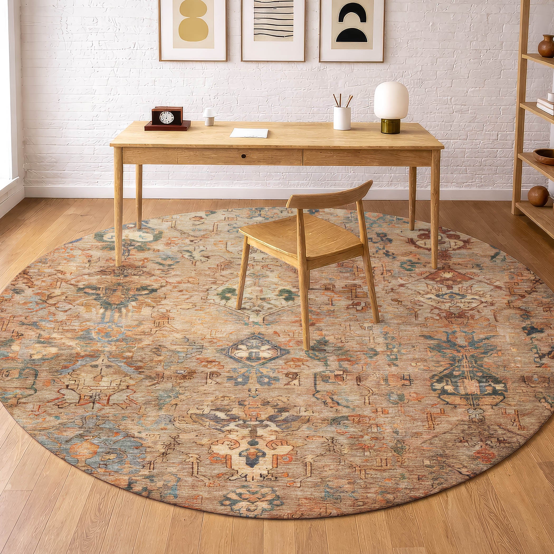 Istanbul Machine Washable Traditional Copper Orange Rug 8' x 8' #shape_Round