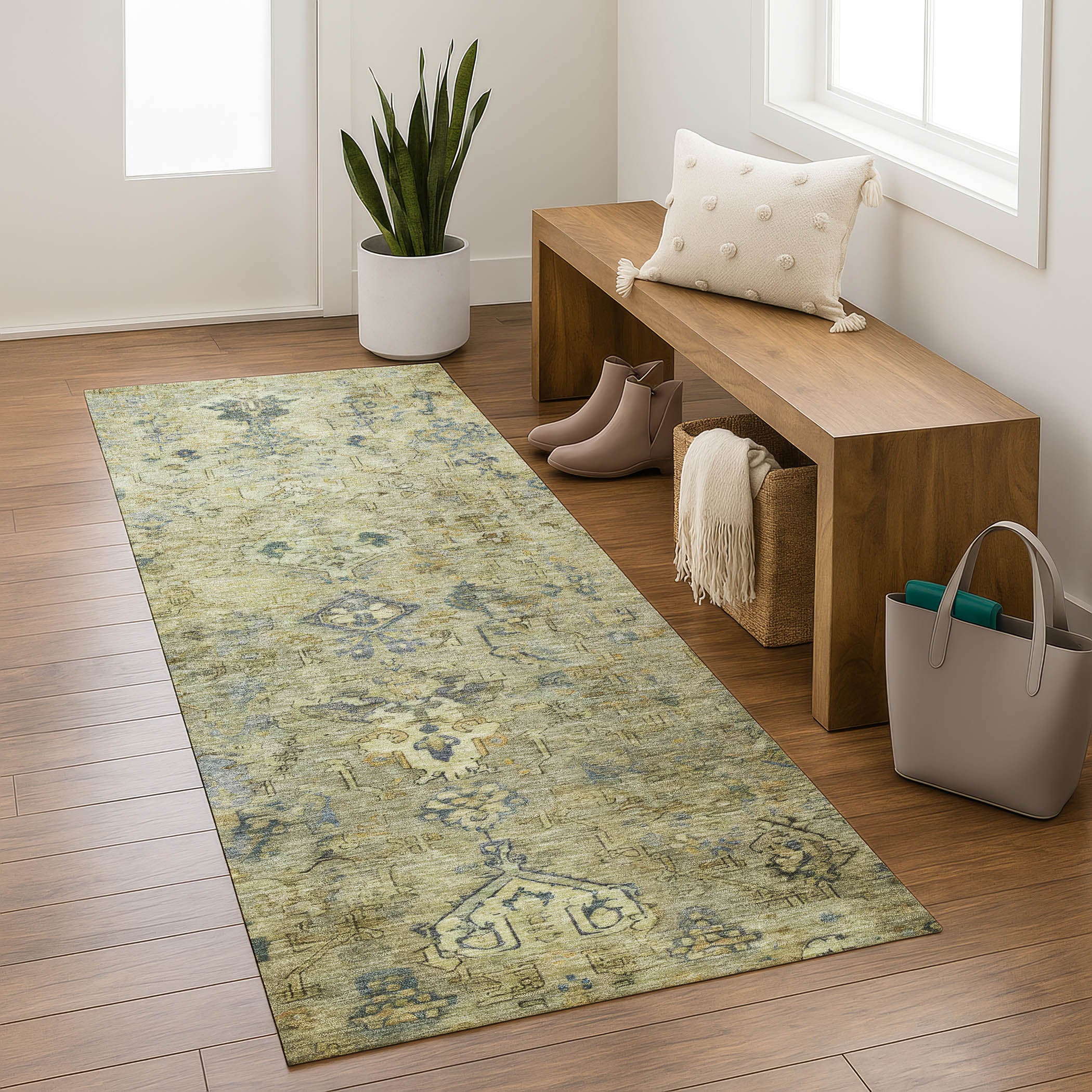 Istanbul Machine Washable Traditional Green Rug 2'3" x 7'6" #shape_Runner