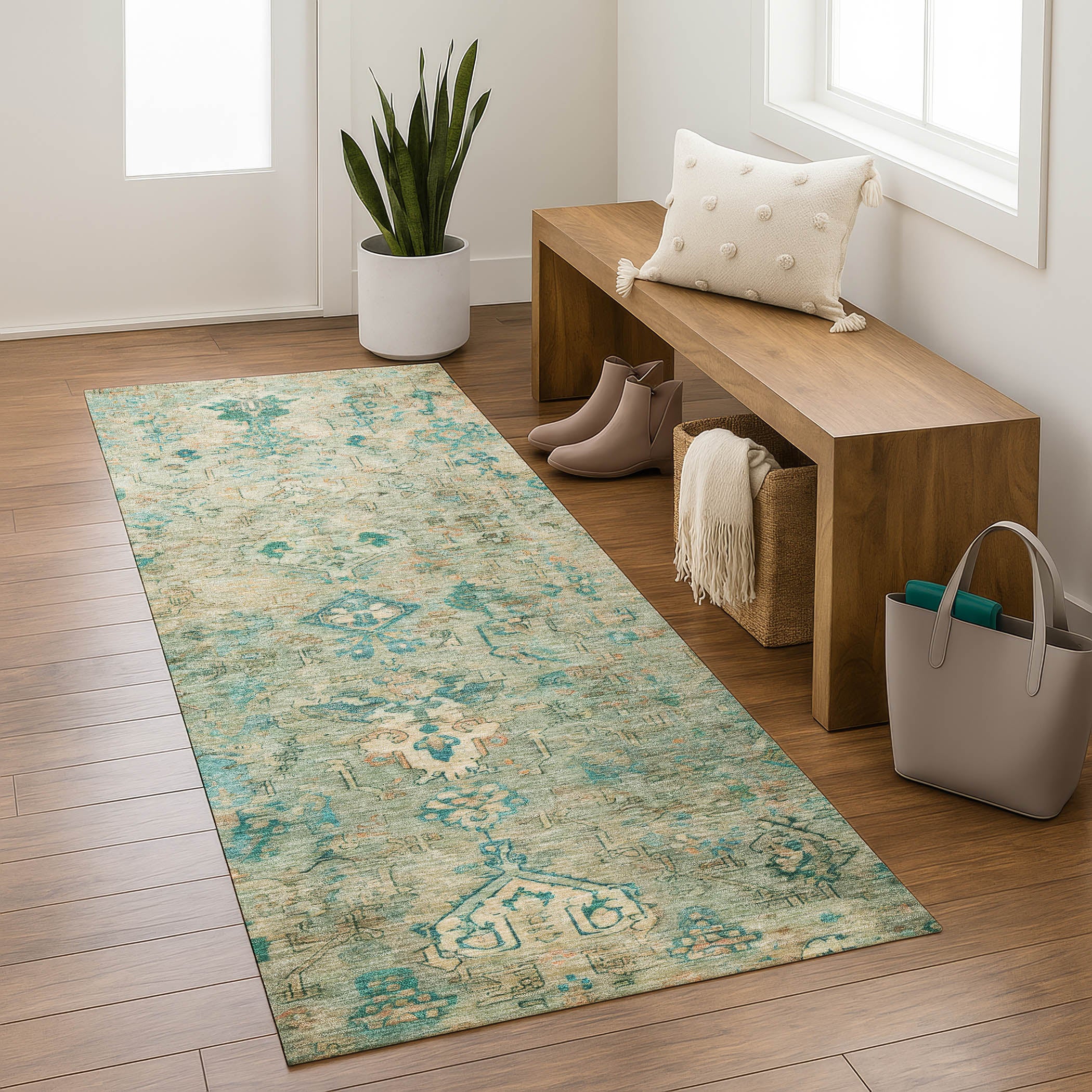 Istanbul Machine Washable Traditional Teal Rug 2'3" x 7'6" #shape_Runner