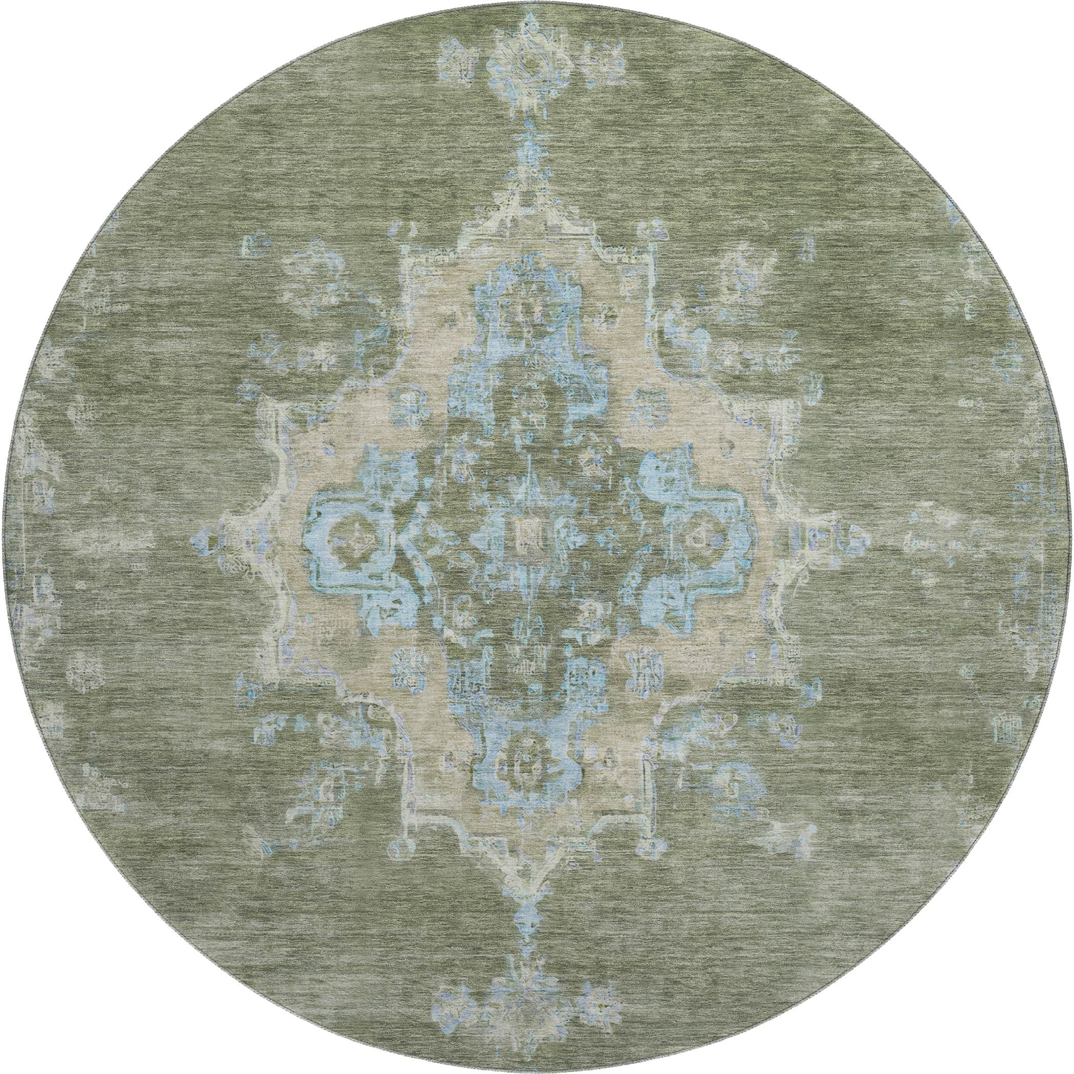 Kotor Machine Washable Traditional Basil Green Rug 8' x 8' #shape_Round