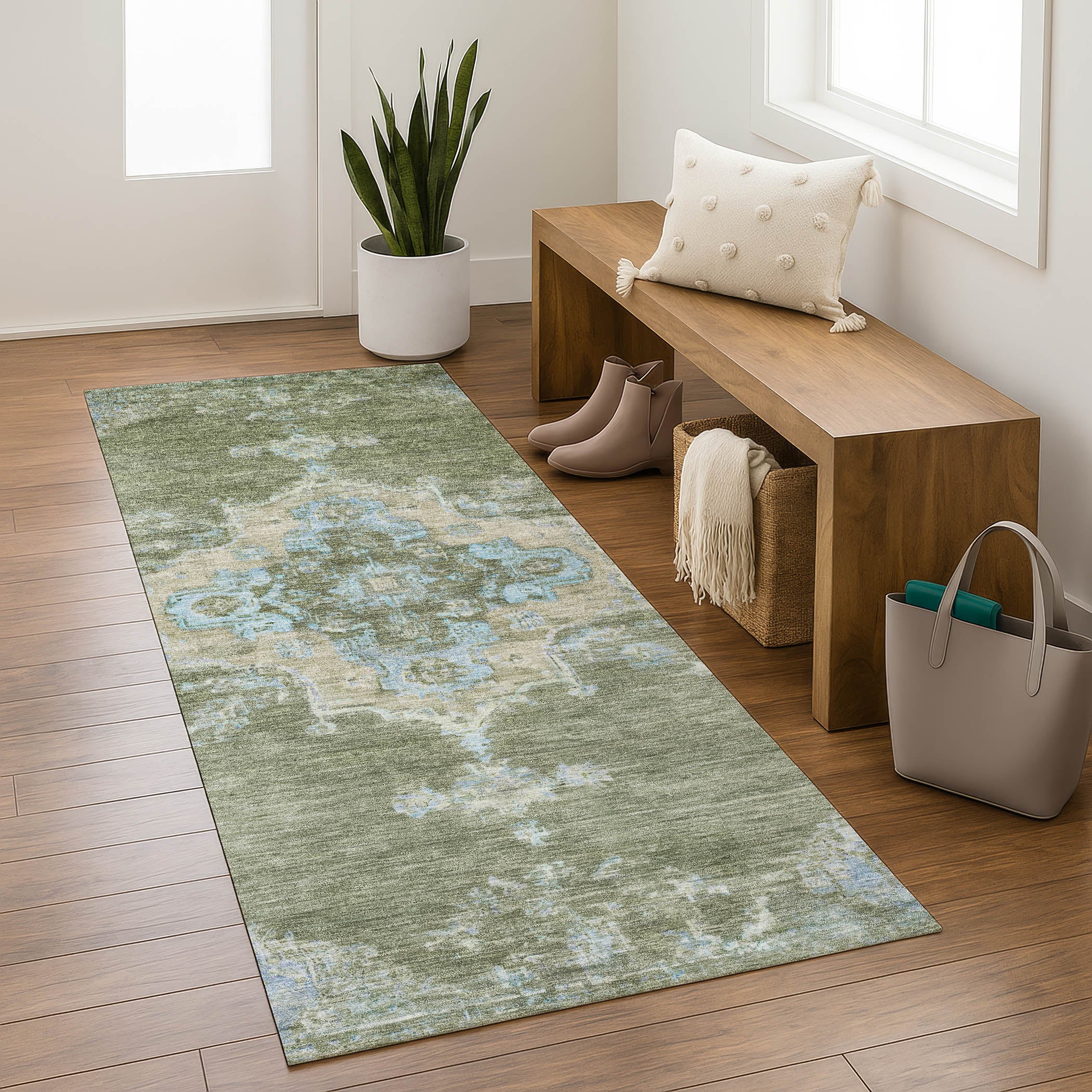 Kotor Machine Washable Traditional Basil Green Rug 2'3" x 7'6" #shape_Runner