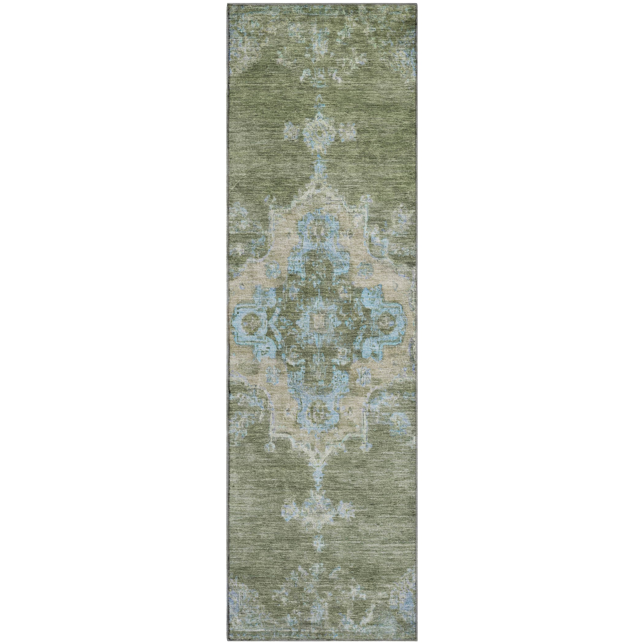 Kotor Machine Washable Traditional Basil Green Rug 2'3" x 7'6" #shape_Runner