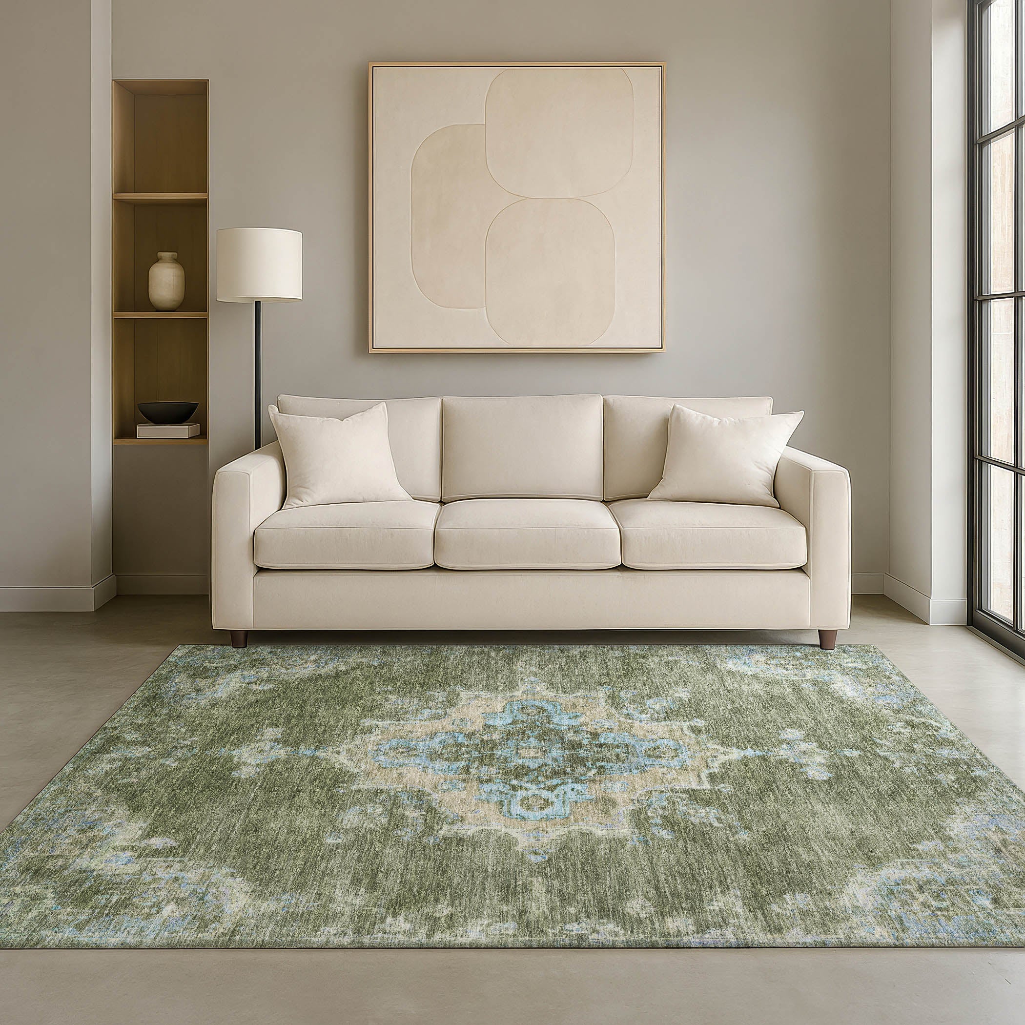 Kotor Machine Washable Traditional Basil Green Rug 3' x 5' #shape_Rectangle