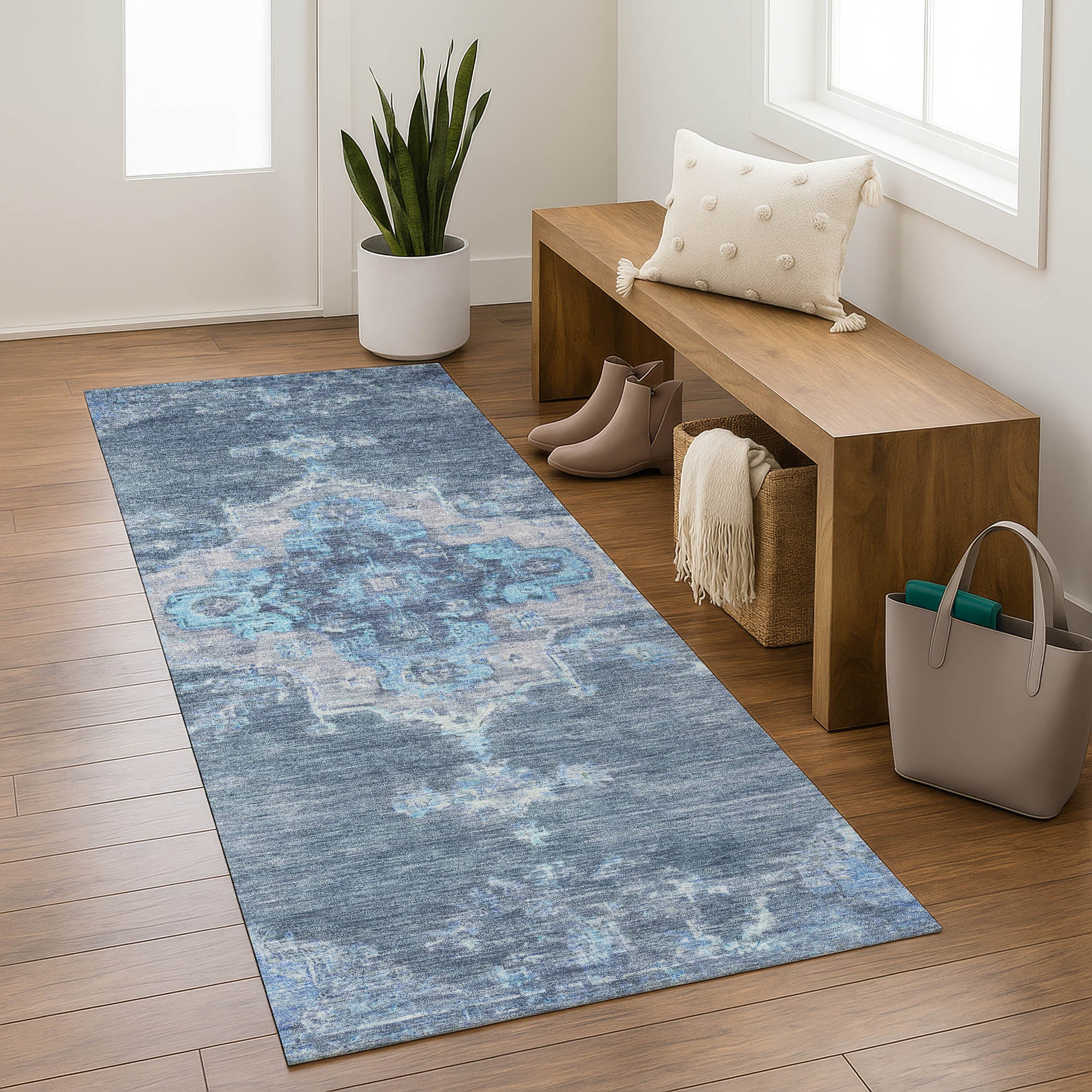 Kotor Machine Washable Traditional Blue Rug 2'3" x 7'6" #shape_Runner