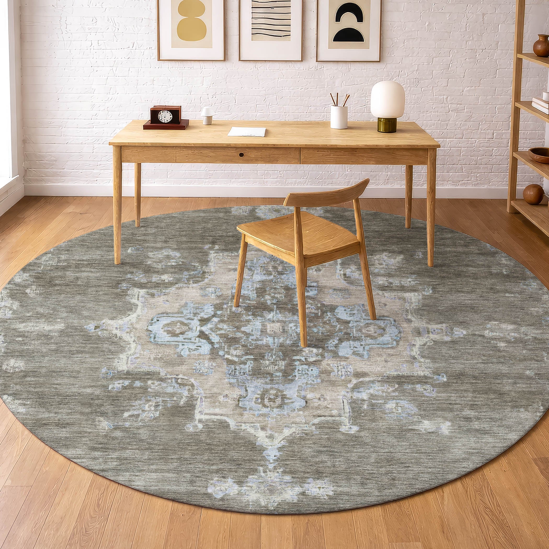 Kotor Machine Washable Traditional Brown Rug 8' x 8' #shape_Round